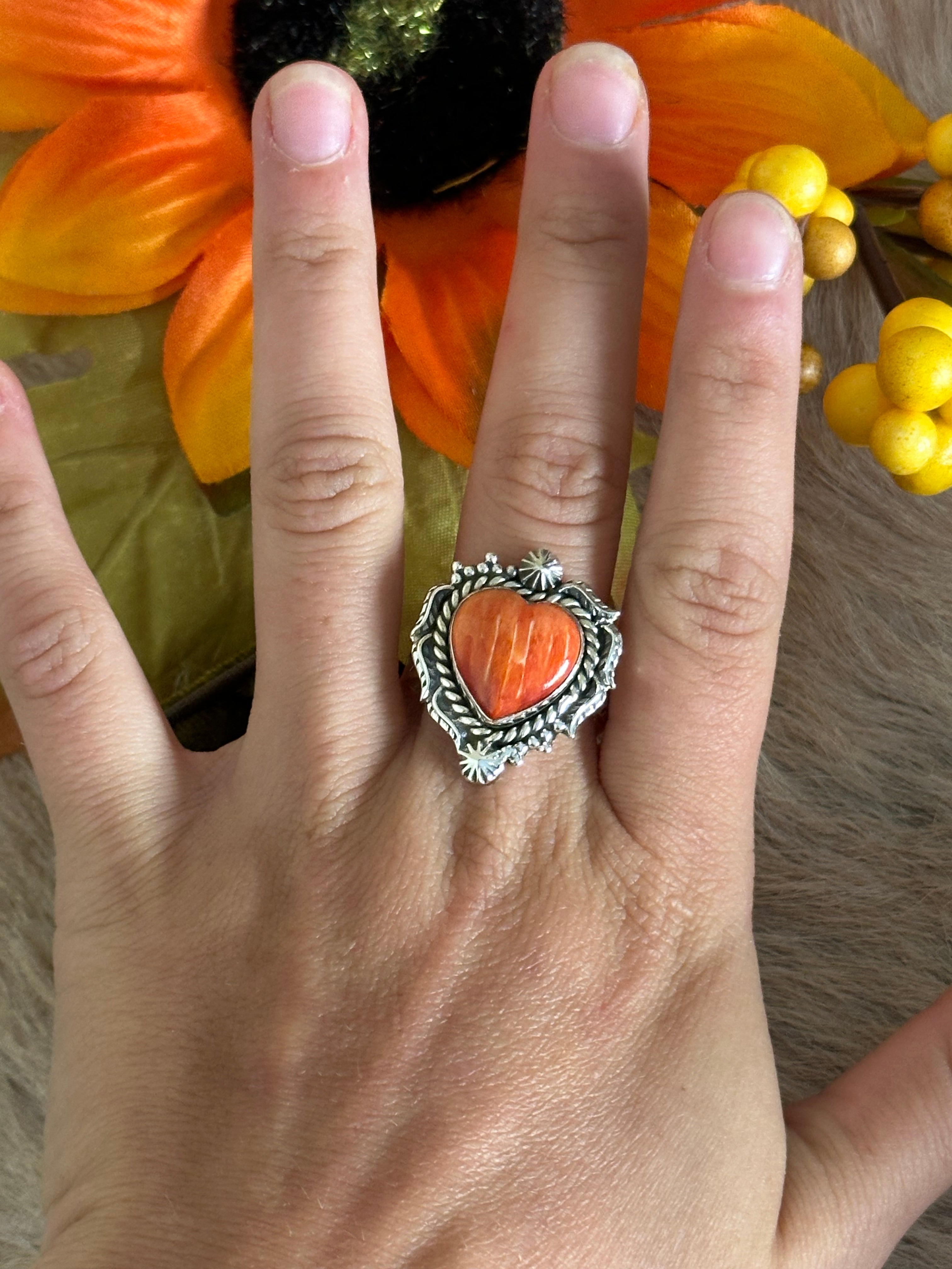 Southwest Handmade Spiny Oyster & Sterling Silver Adjustable Heart Ring