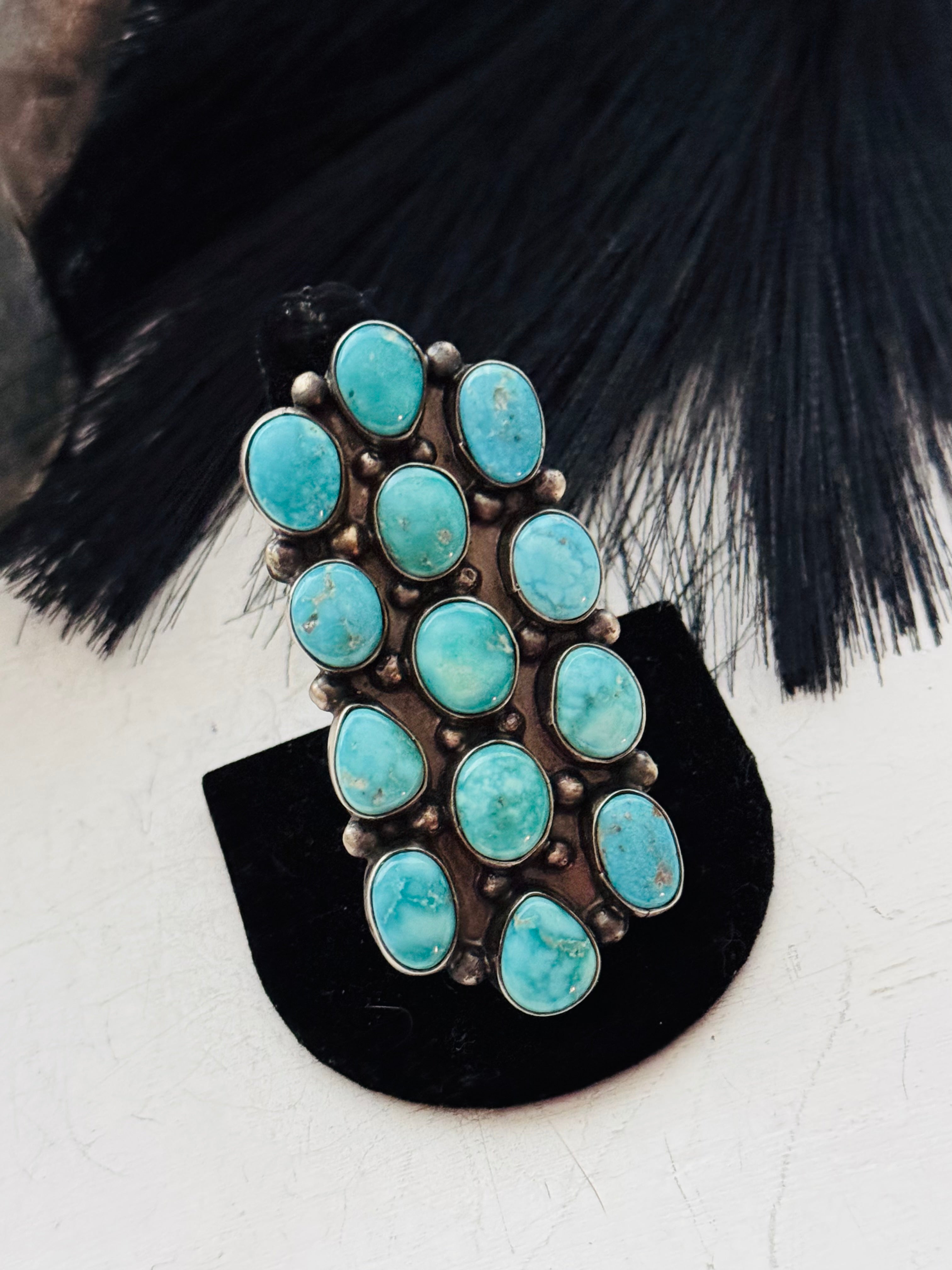 Sheila Becenti White Water Turquoise & Sterling Silver Cluster Ring Size 9.75