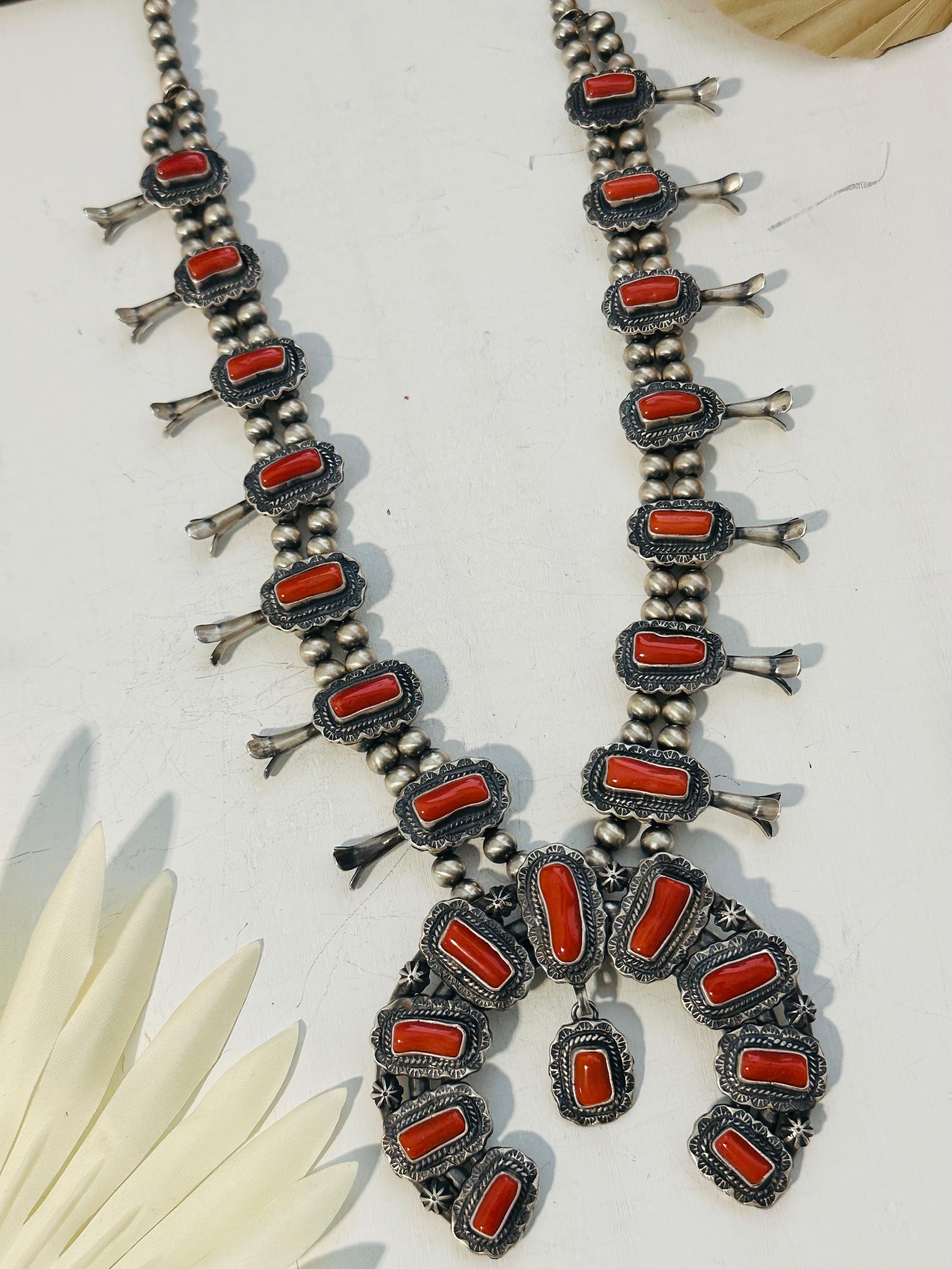 Thomas Francisco Coral & Sterling Silver Squash Blossom Necklace