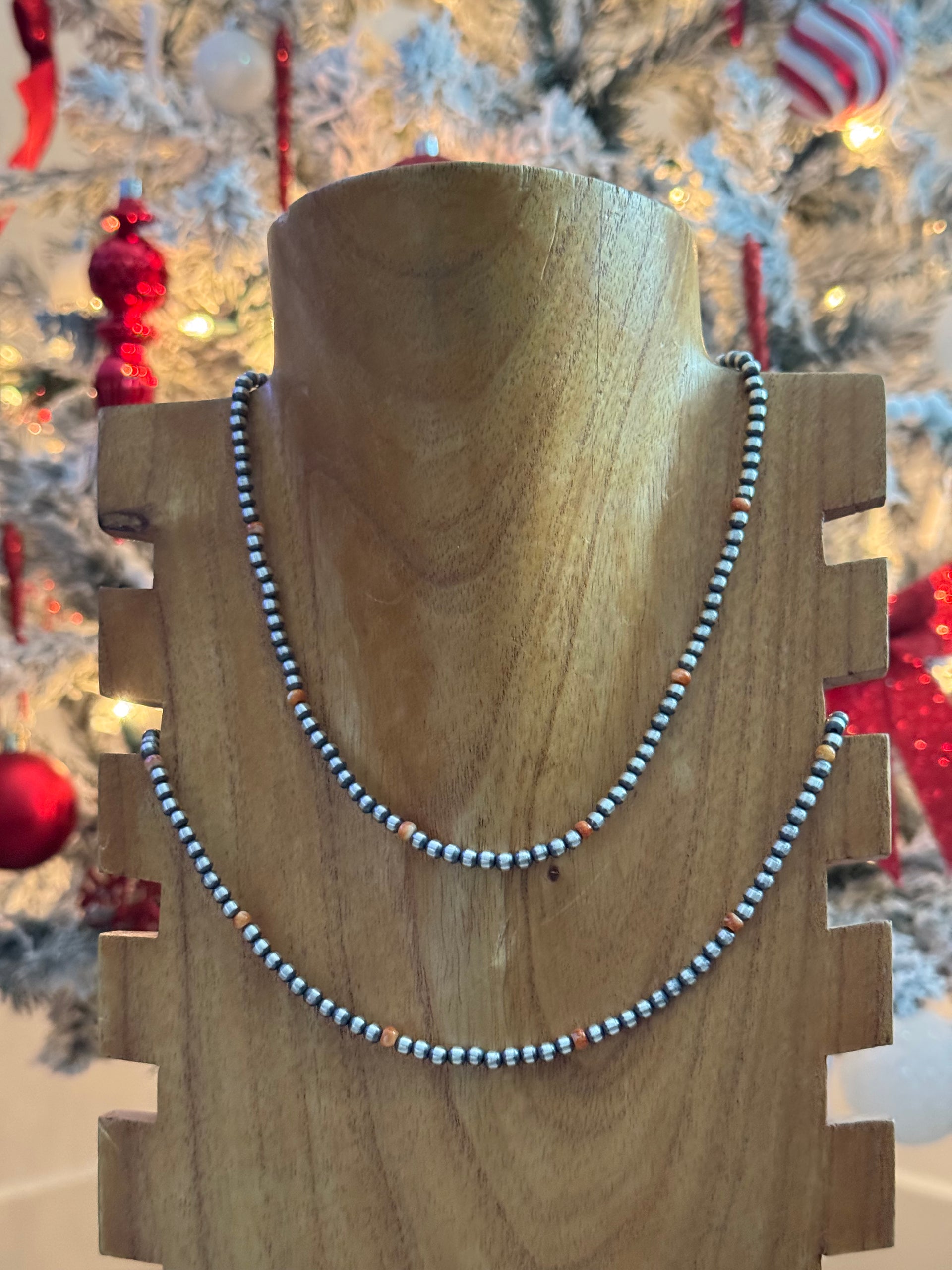 Navajo Strung Red/Orange Spiny Oyster & Sterling Silver Pearl Necklace