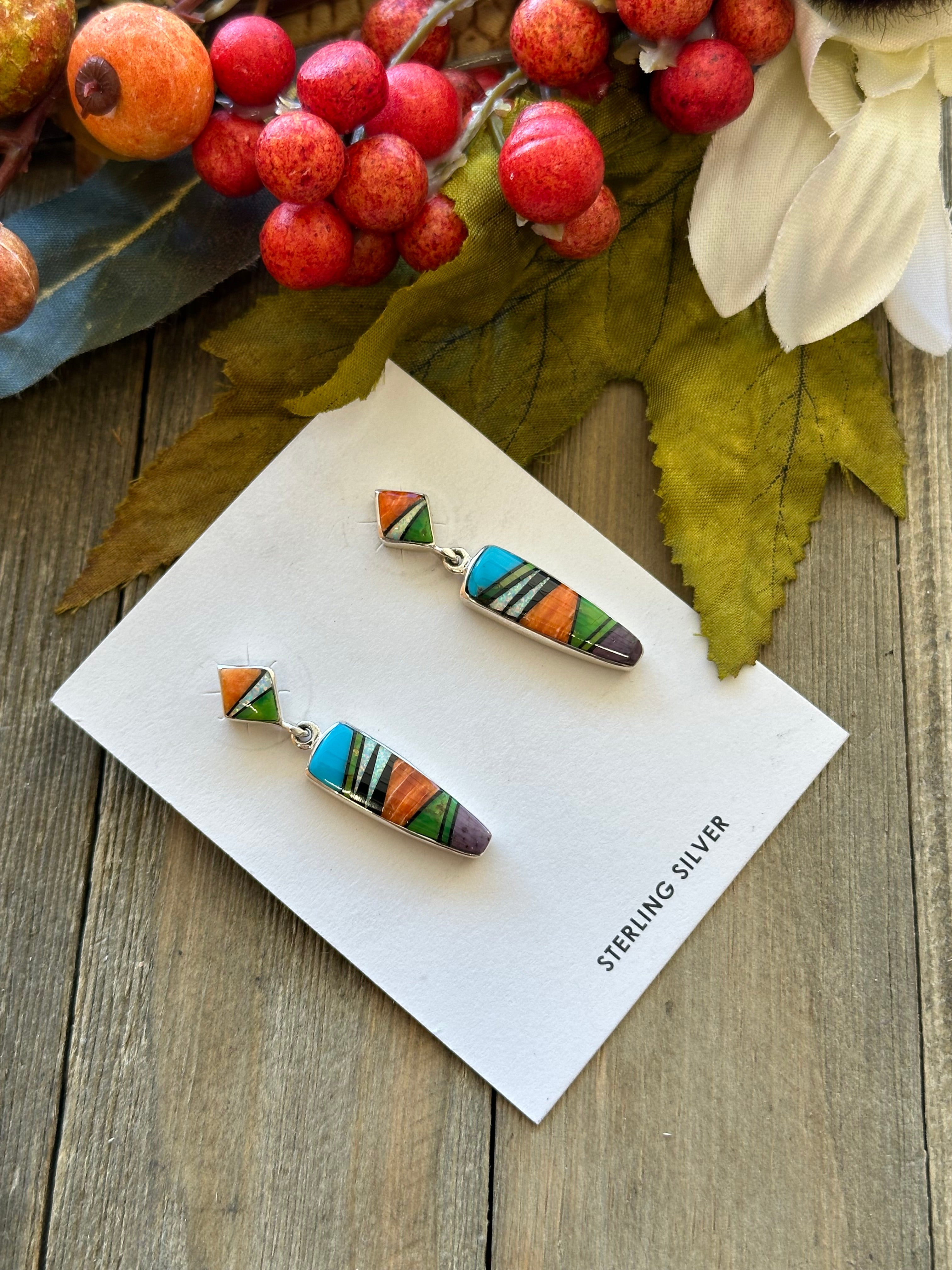 Julius Burbank Multi Stone & Sterling Silver Post Inlay Earrings