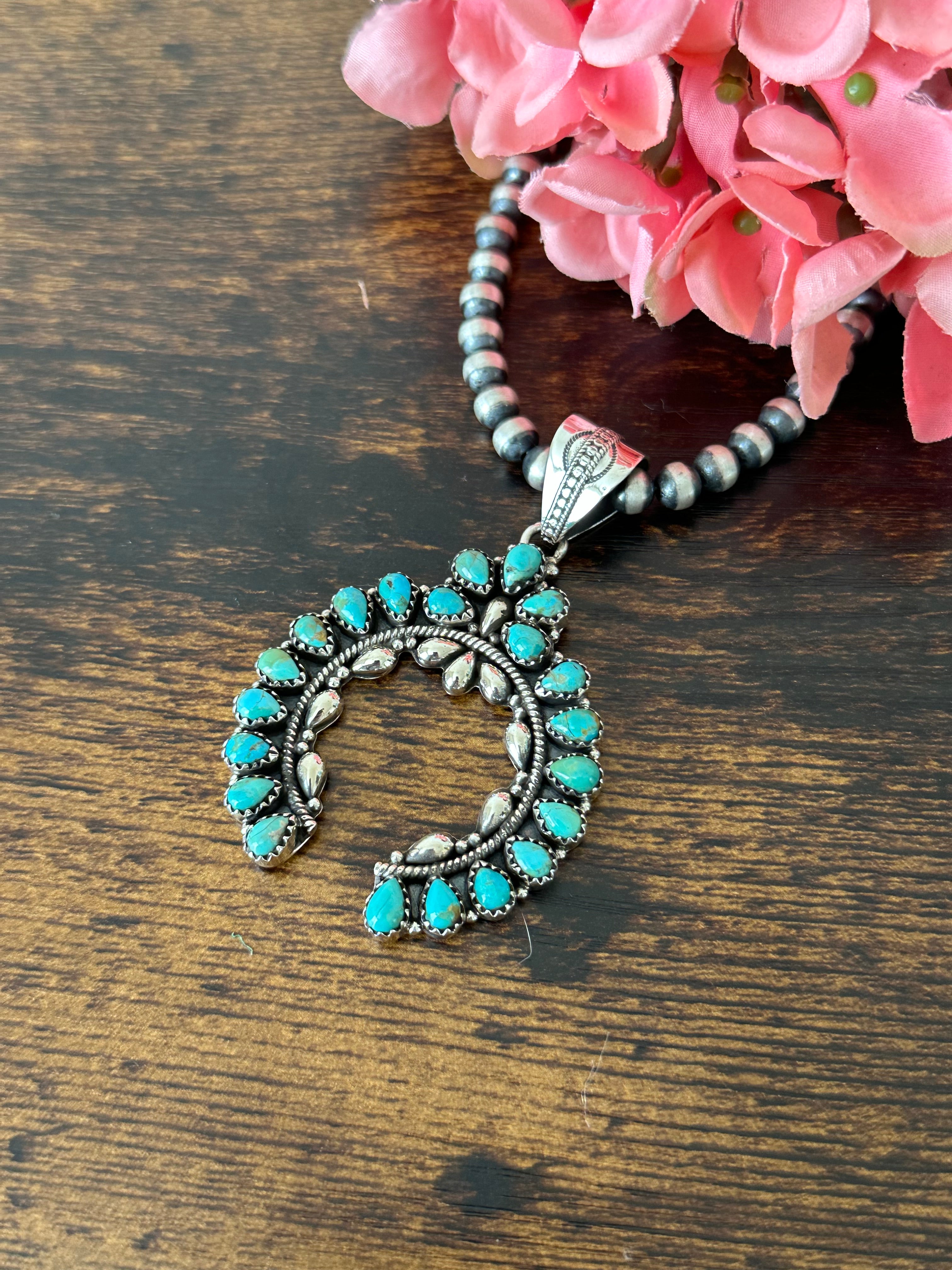 Southwest Handmade Kingman Turquoise & Sterling Silver Cluster Naja Pendant