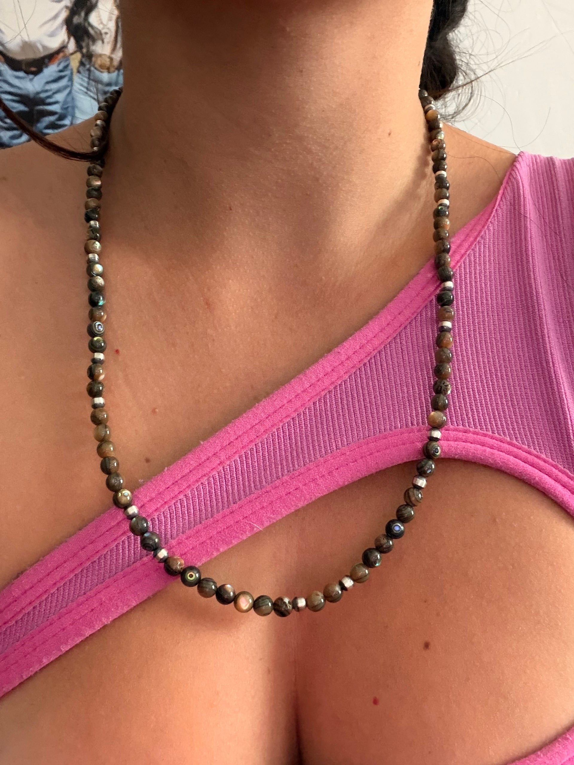 Navajo Strung Abalone & Sterling Silver 22” Machine Made Pearl Necklace