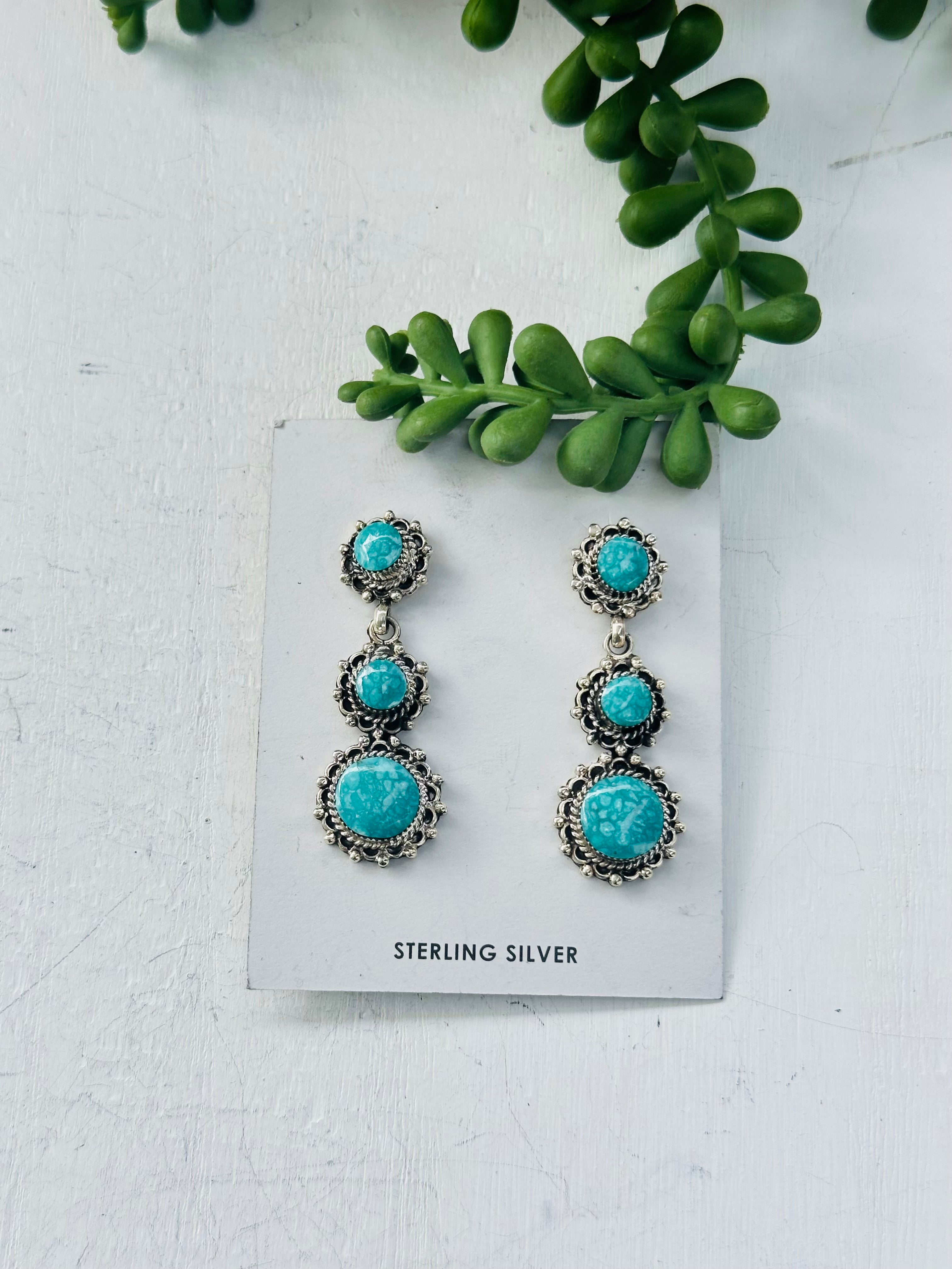 Evelon Platero Kingman Turquoise & Sterling Silver Post Dangle Earrings