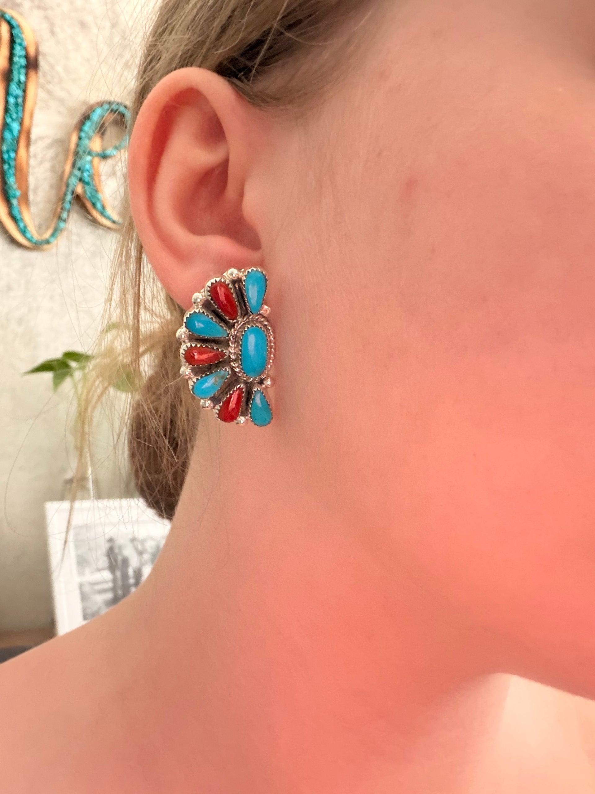 Alicia Wilson Kingman Turquoise & Sterling Silver Post Cluster Earrings