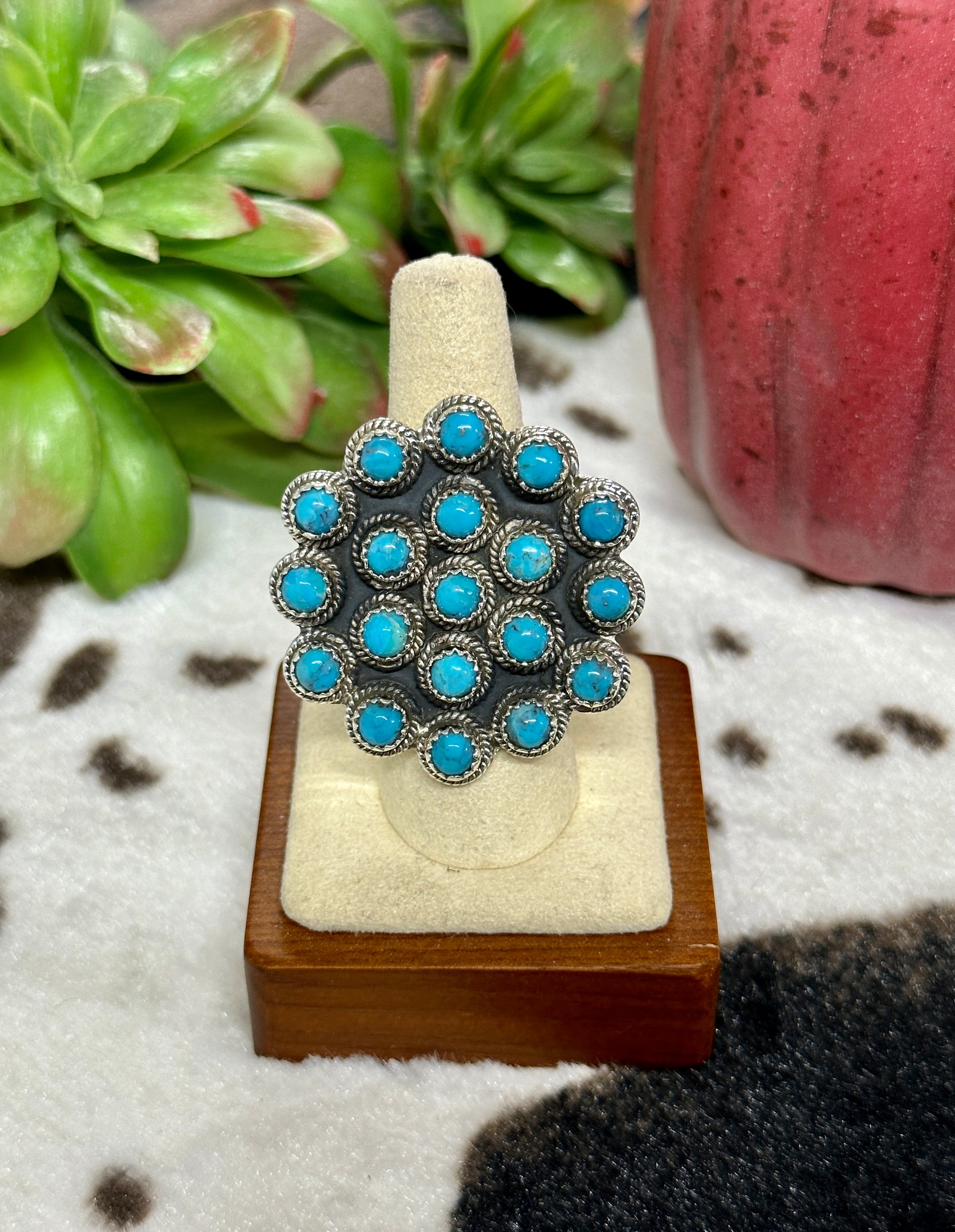 Southwest Handmade Kingman Turquoise & Sterling Silver Cluster Adjustable Ring
