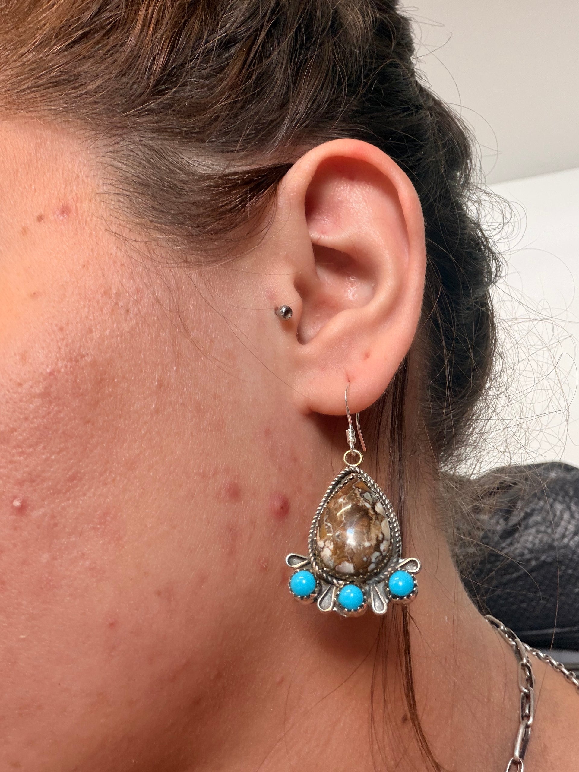 Navajo Made Multi Stone & Sterling Silver Dangle Cluster Earrings