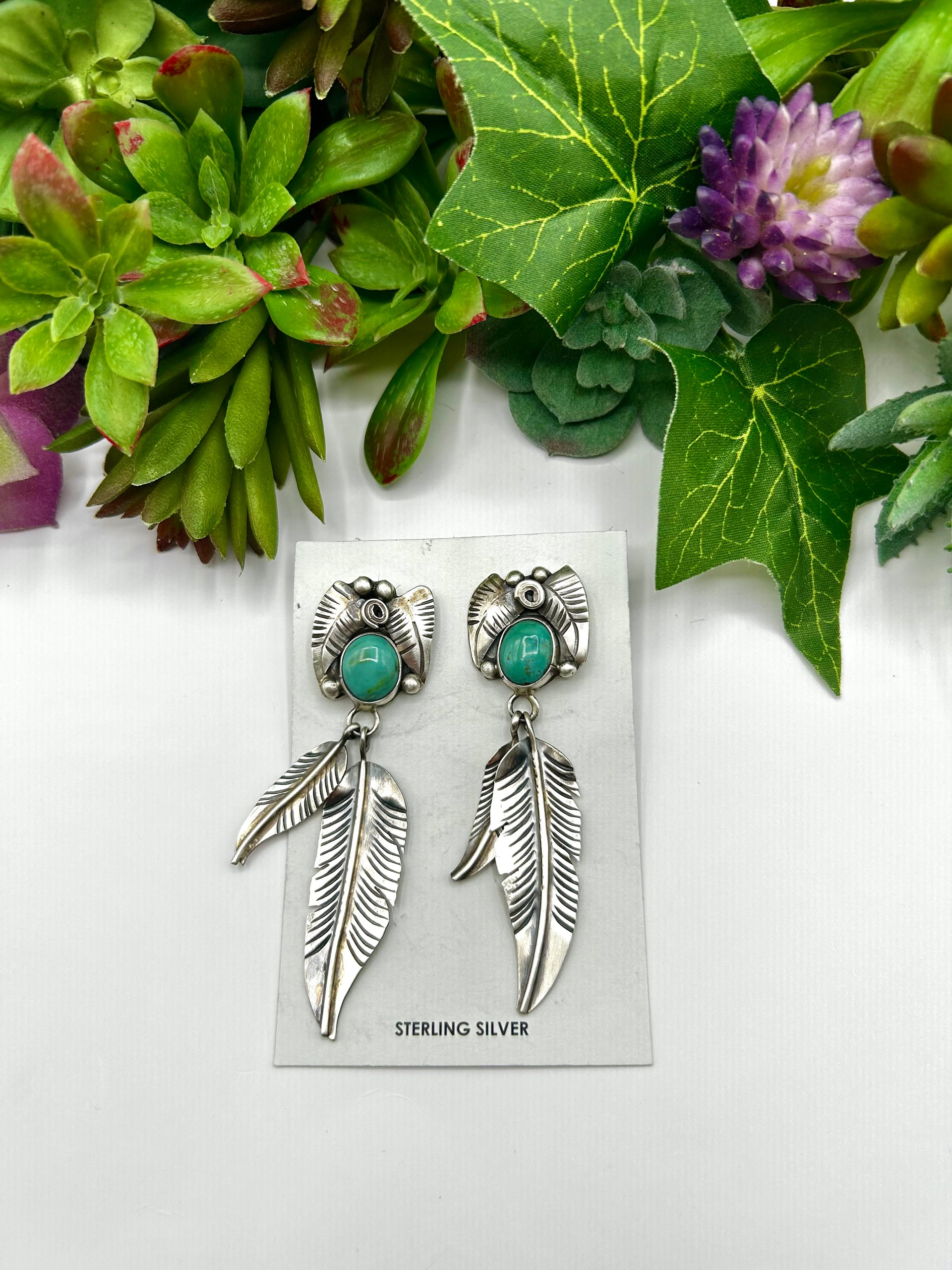 Navajo Made Kingman Turquoise & Sterling Silver Post  Dangle Earrings