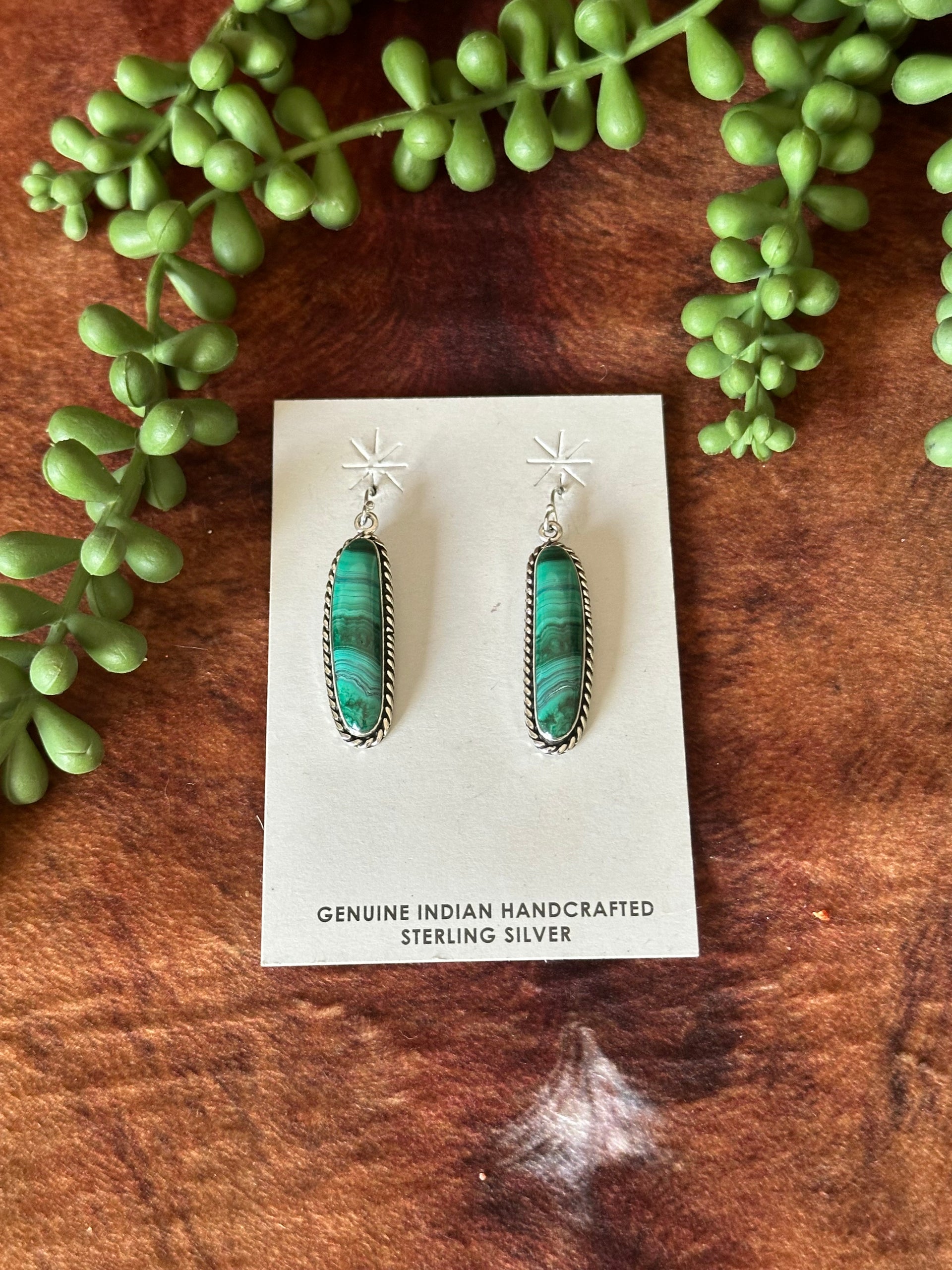 Navajo Handmade Malachite & Sterling Silver Dangle Earrings