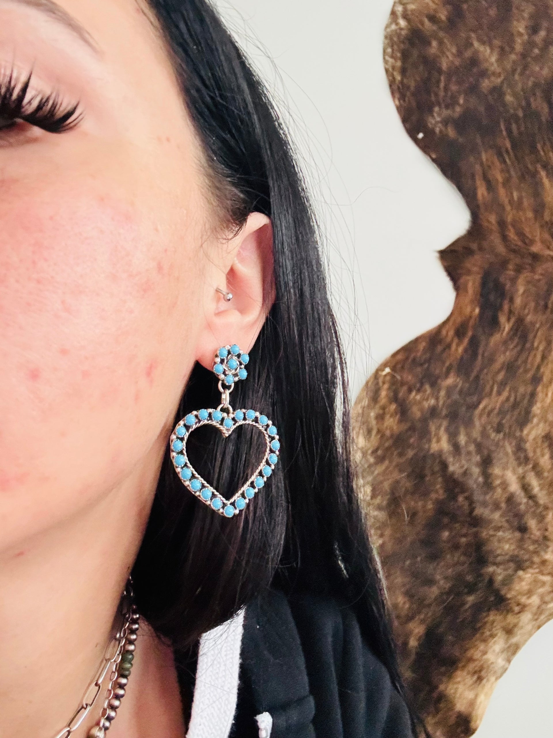 Navajo Made Kingman Turquoise & Sterling Silver Post Dangle Cluster Earrings