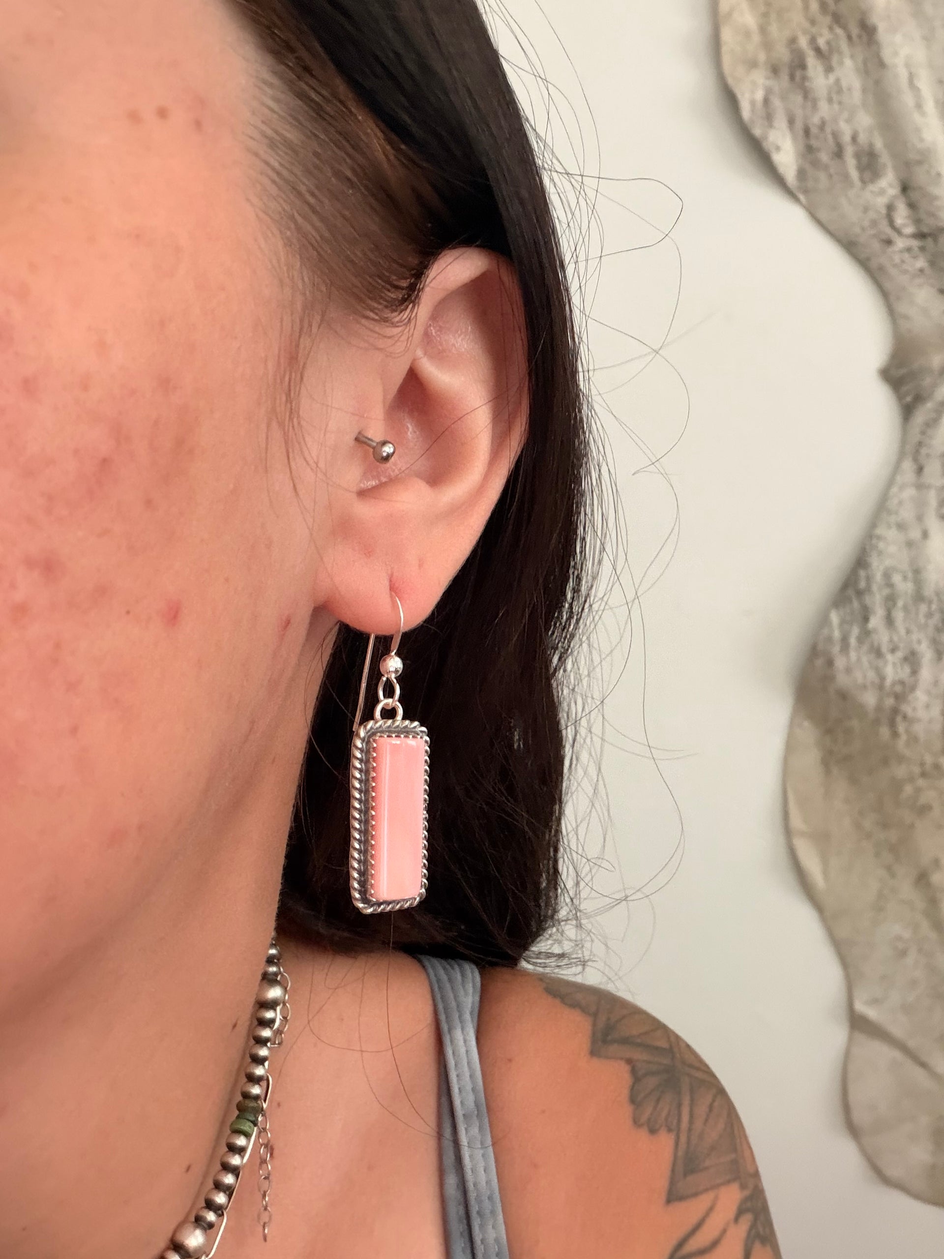 Virginia Becenti Pink Conch & Sterling Silver Dangle Earrings
