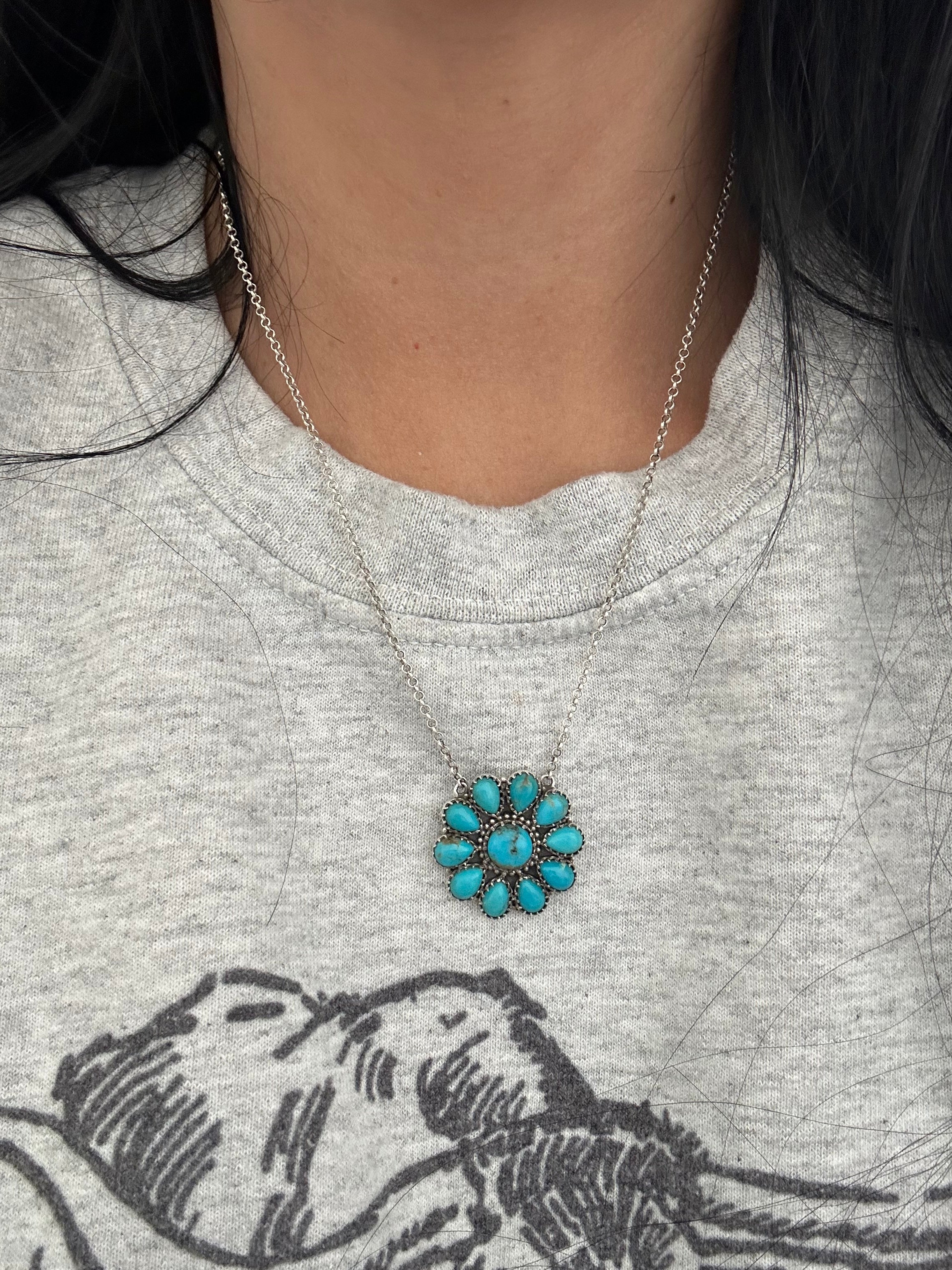 Southwest Handmade Kingman Turquoise & Sterling Silver Cluster Necklace