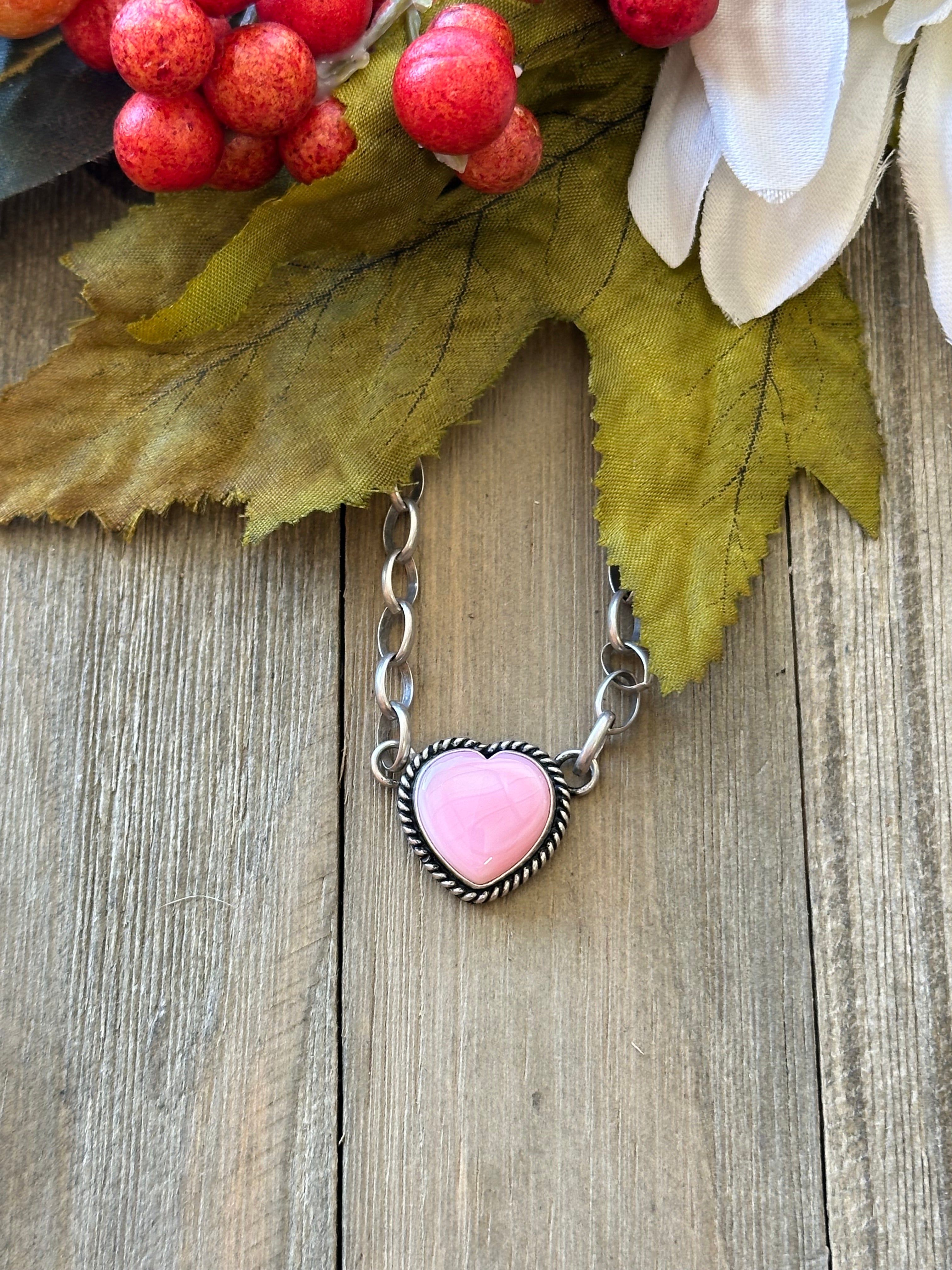 Navajo Made Pink Conch & Sterling Silver Heart Necklace