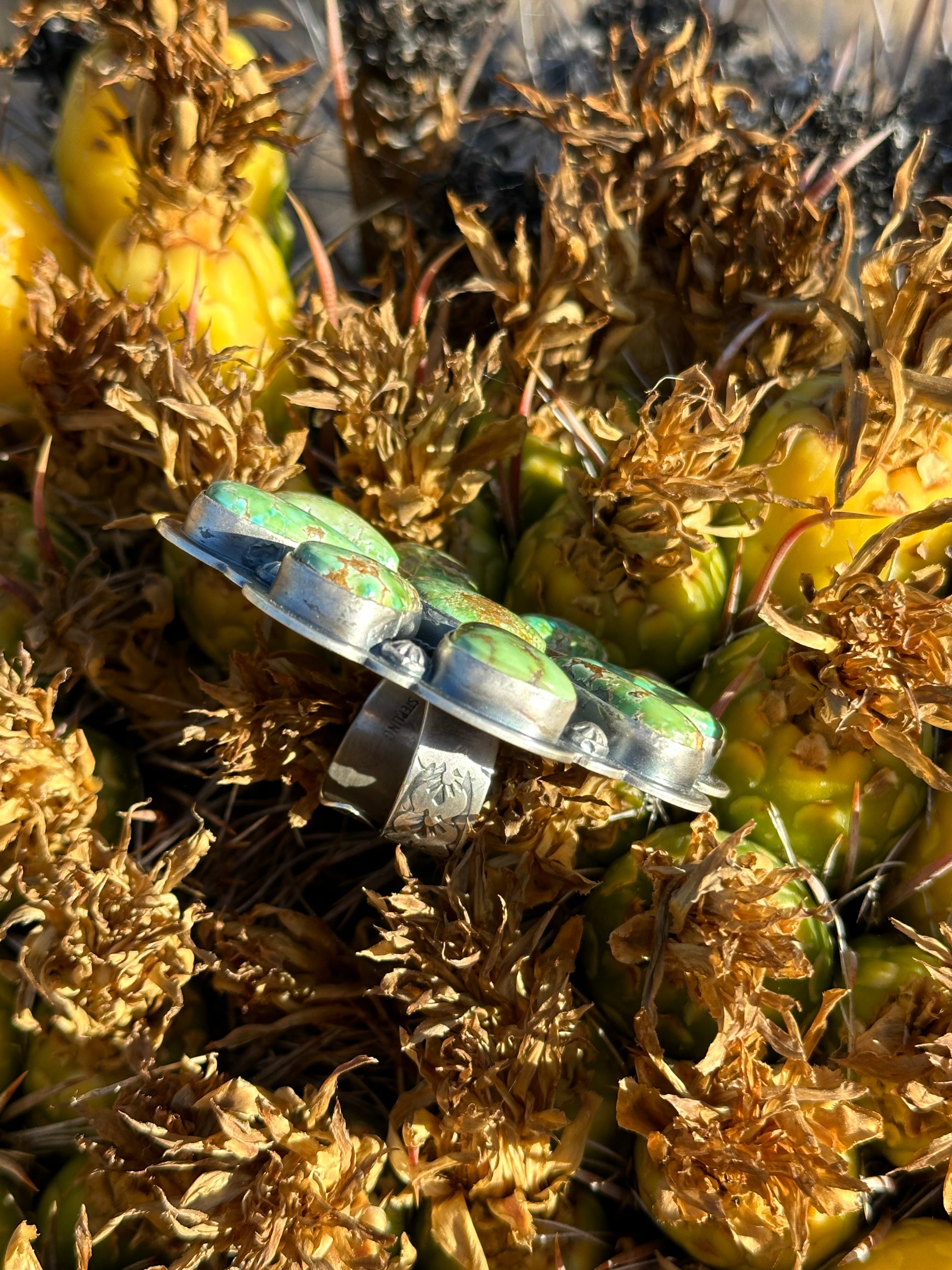 Steven Nez Sonoran Gold Turquoise & Sterling Silver Cluster Adjustable Ring