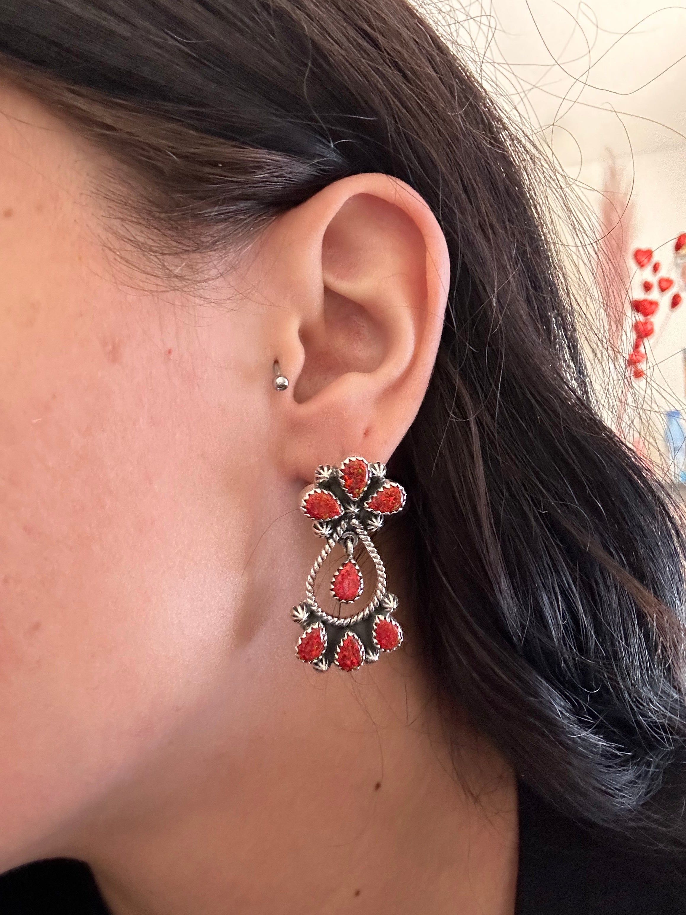 Southwest Handmade Red Opal & Sterling Silver Post Dangle Earrings