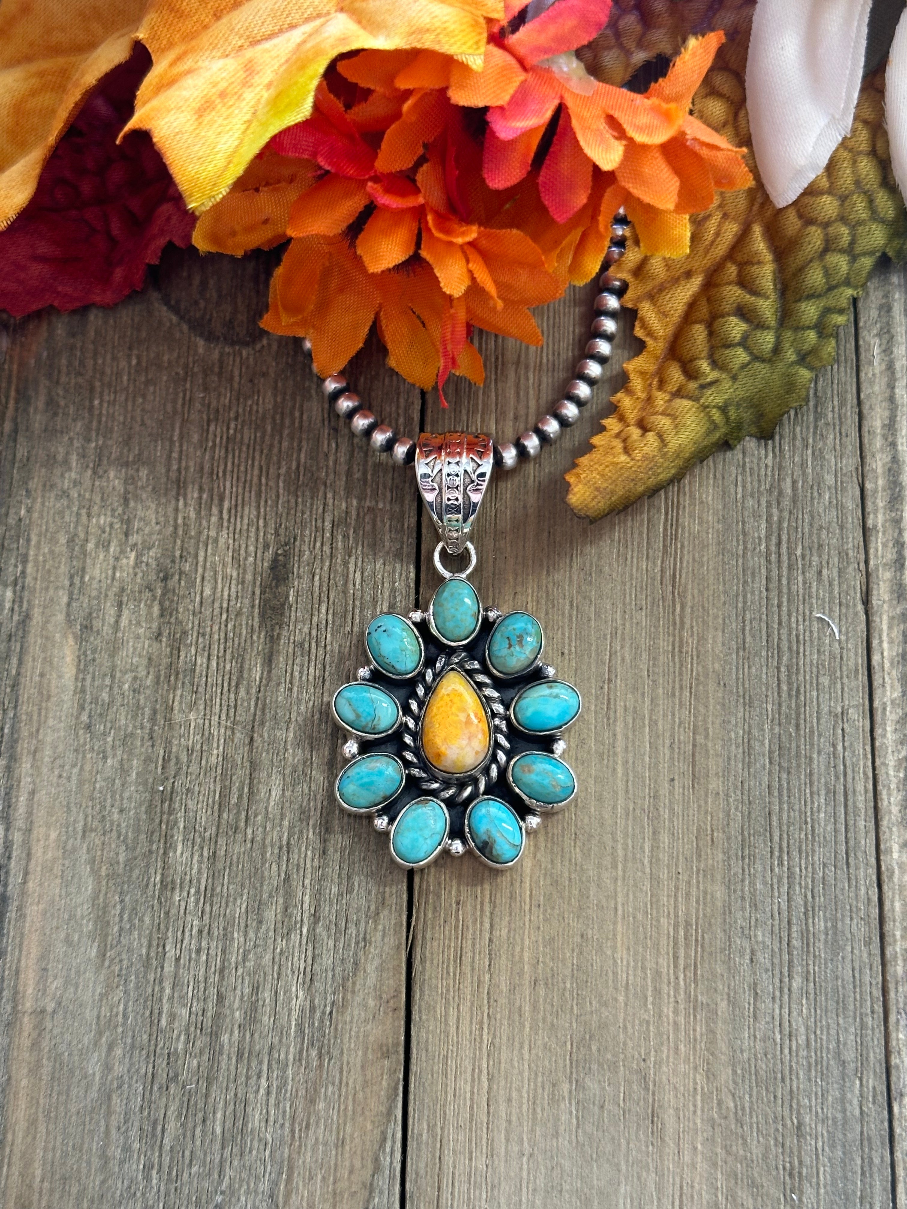 Southwest Handmade Multi Stone & Sterling Silver Cluster Pendant