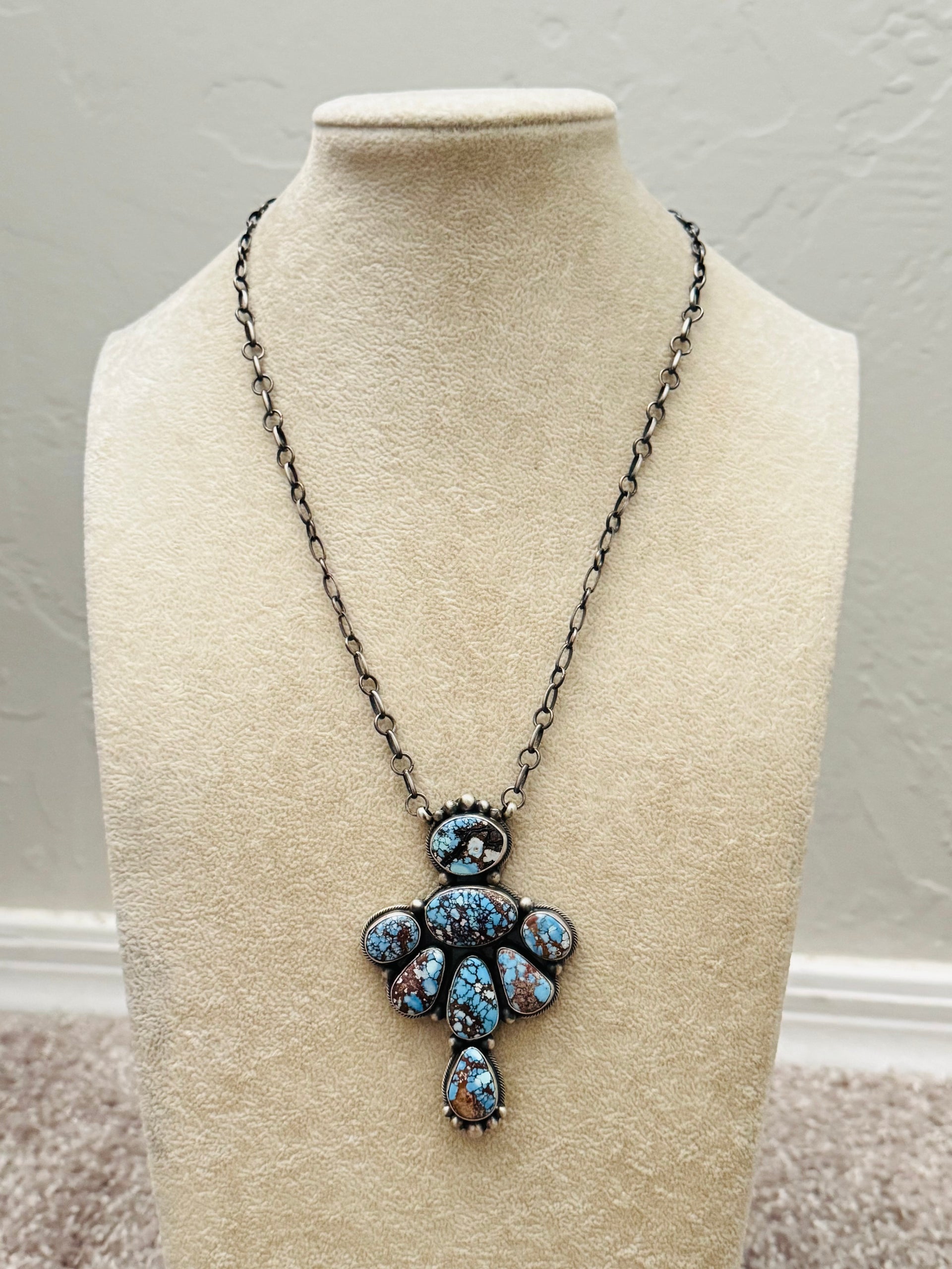 Timothy Yazzie High Grade Golden Hills Turquoise & Sterling Silver Cluster Necklace