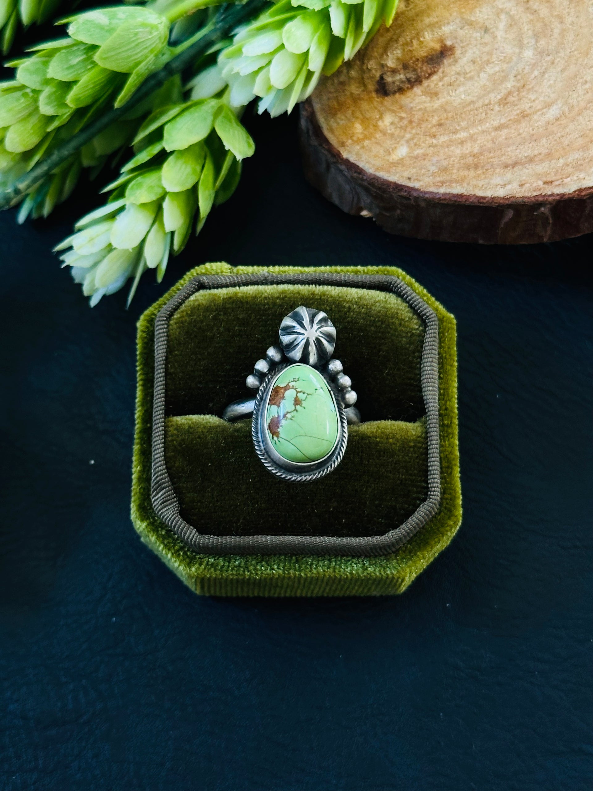 Marie Tsosie Sonoran Gold Turquoise & Sterling Silver Ring Size 7.5