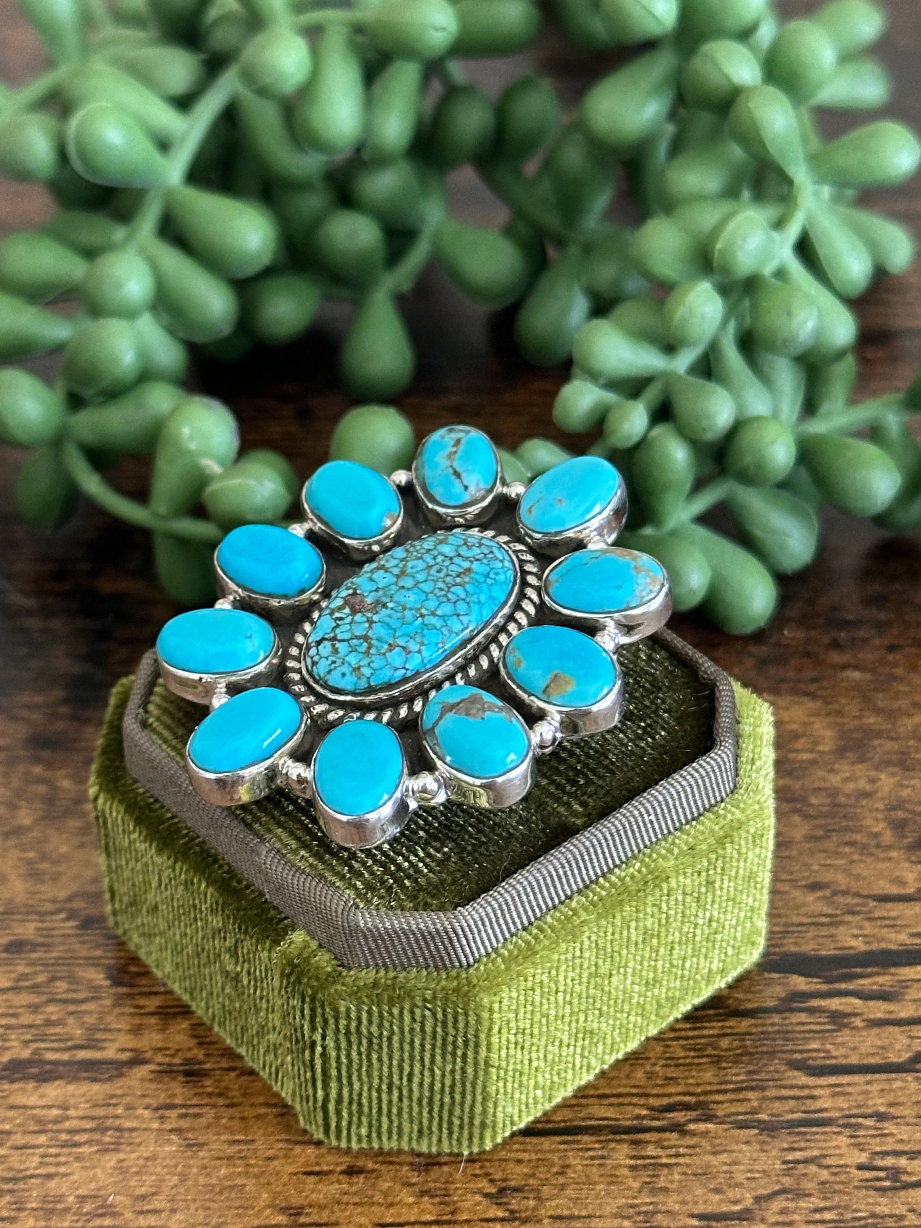 Southwest Handmade Kingman Turquoise & Sterling Silver Adjustable Cluster Ring