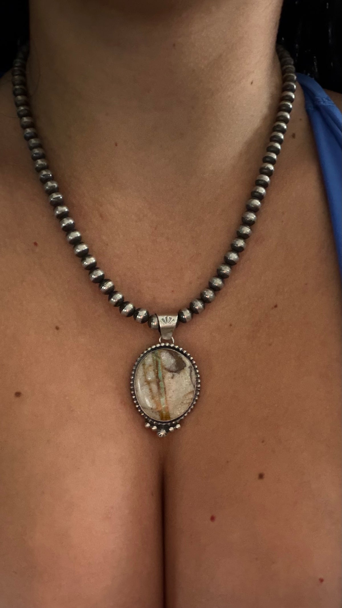 Navajo Made Ribbon Royston Turquoise & Sterling Silver Pendant