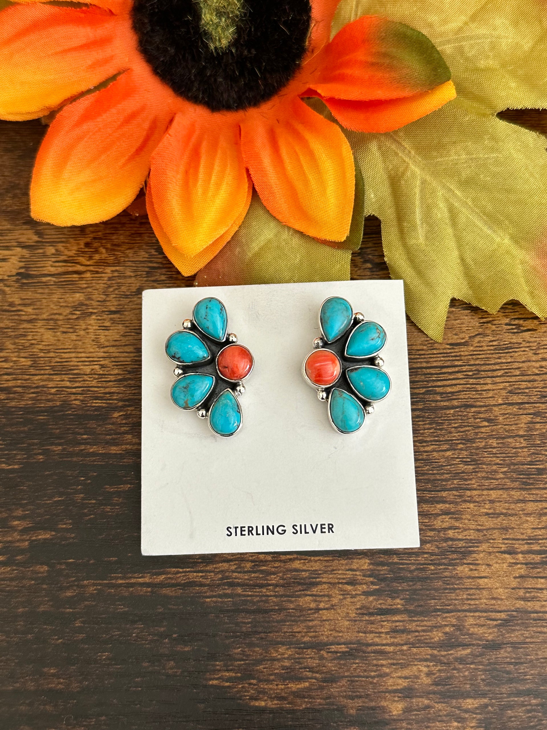 Navajo Made Multi Stone & Sterling Silver Post Dangle Earrings