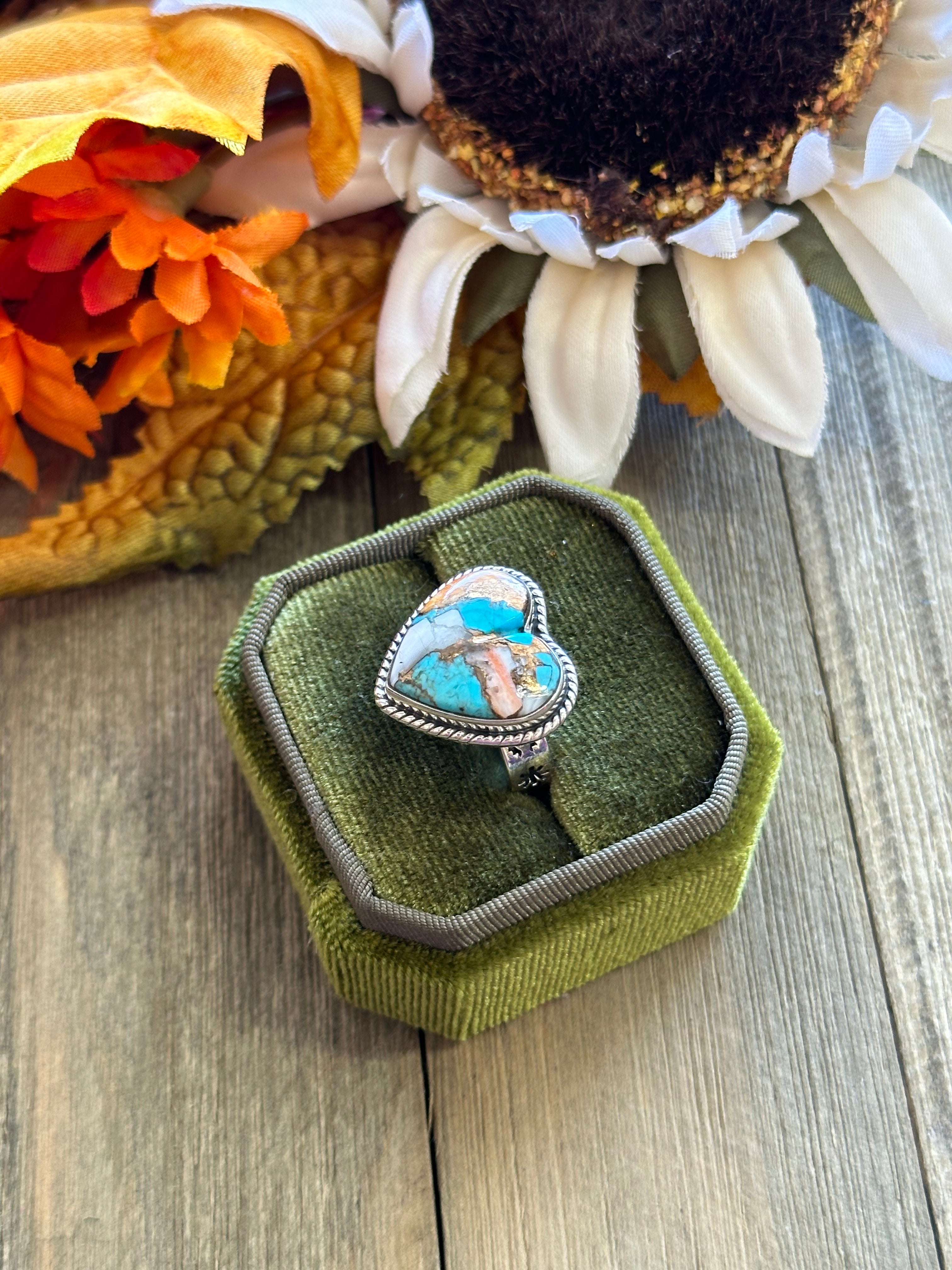 Southwest Handmade Mohave Turquoise & Sterling Silver Adjustable Heart Ring