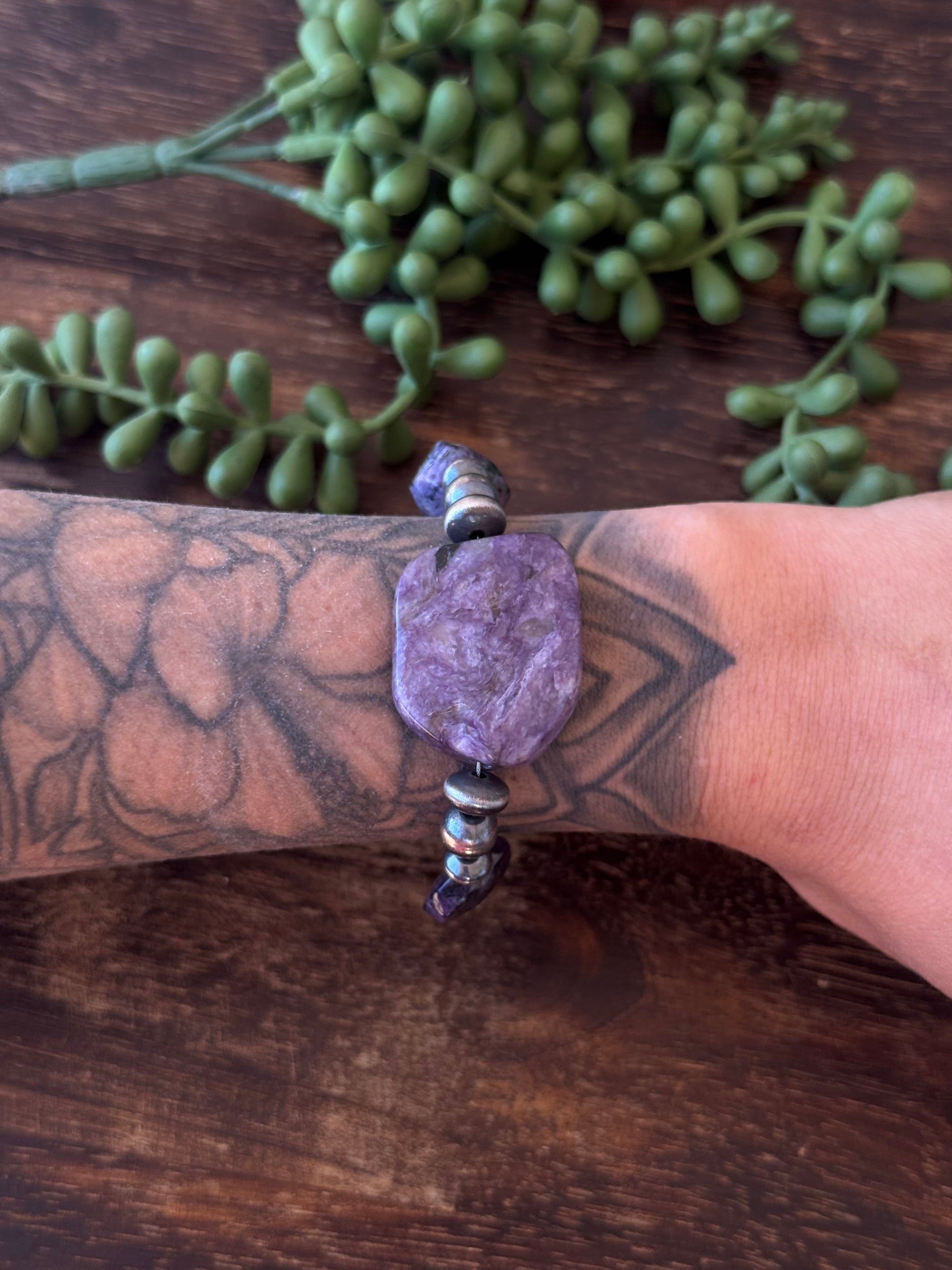 Navajo Strung Charoite & Sterling Silver Pearl Bracelet