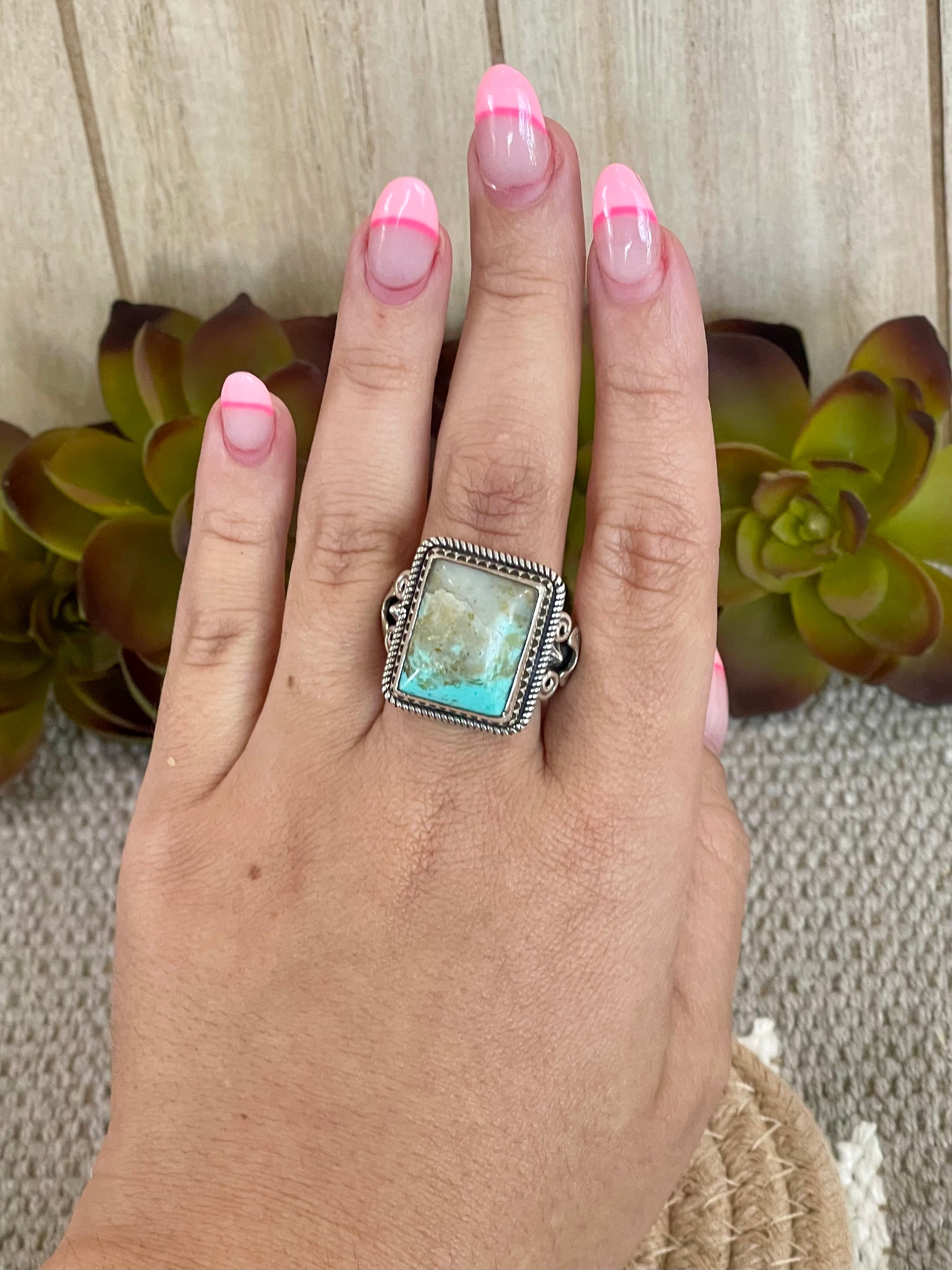 Southwest Handmade Kingman Turquoise & Sterling Silver Size 10.5 Square Ring