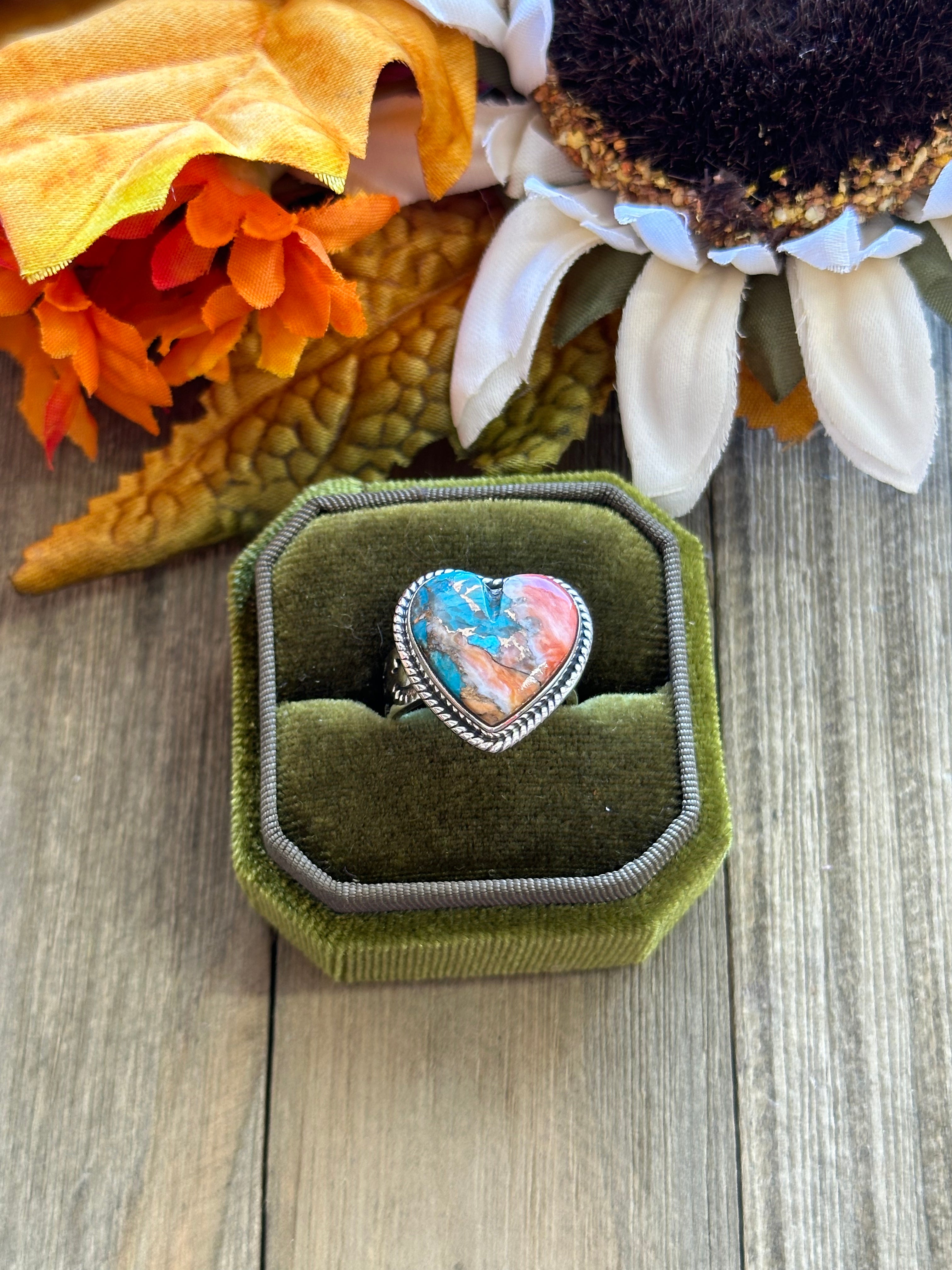 Southwest Handmade Mohave Turquoise & Sterling Silver Adjustable Heart Ring