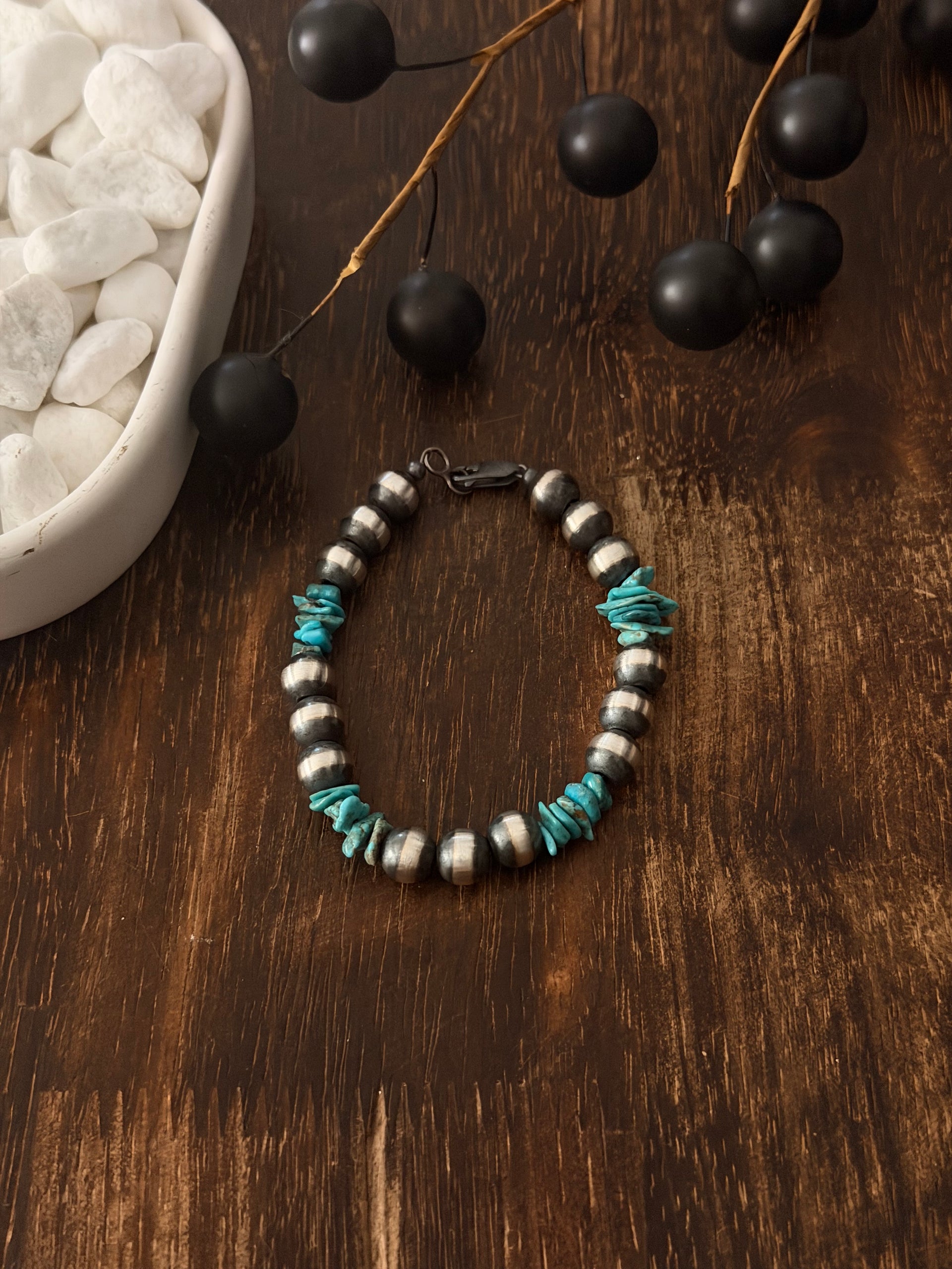 Navajo Strung Campitos & Sterling Silver Beaded Pearl Bracelet