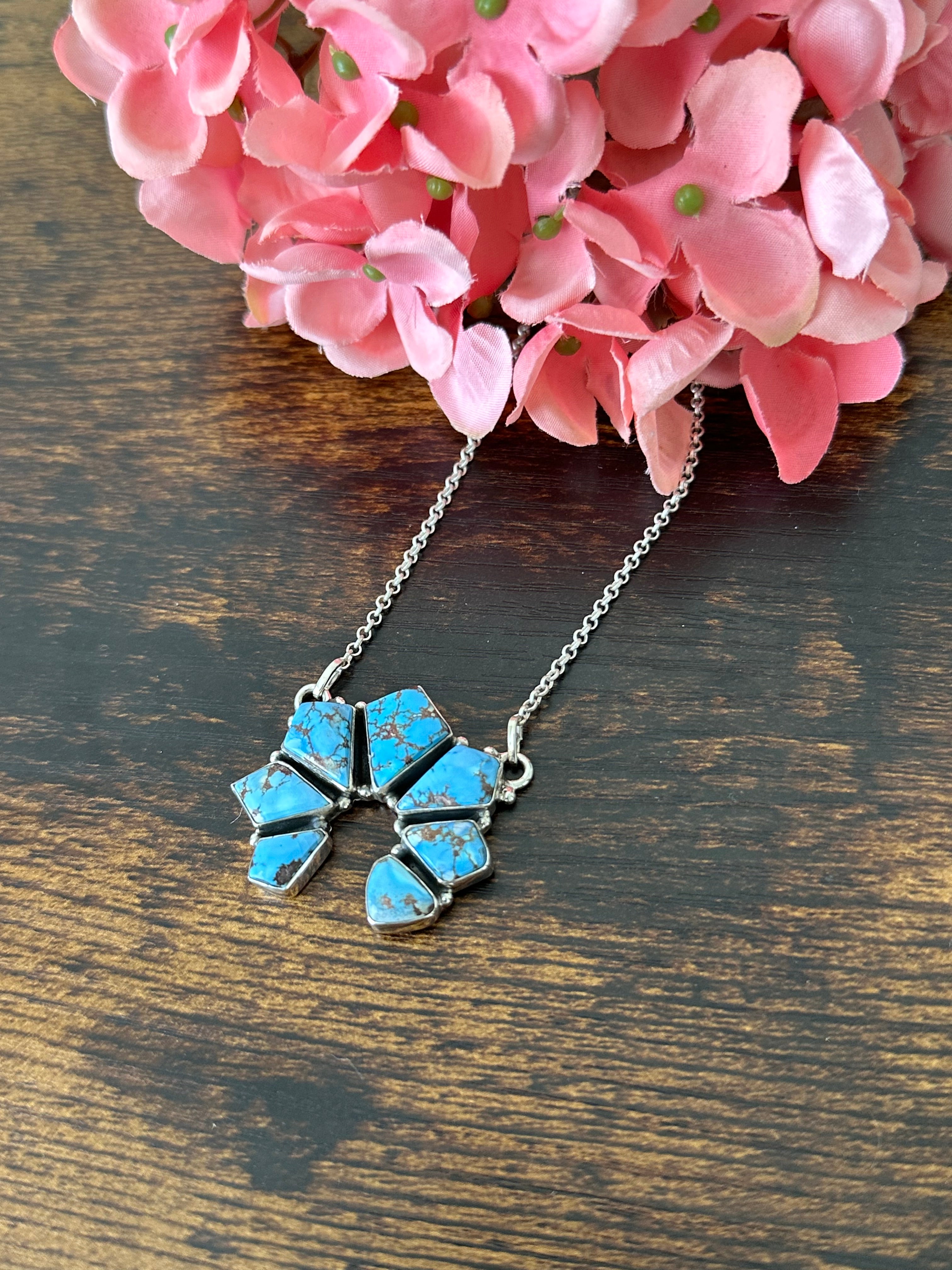 Southwest Handmade Golden Hills Turquoise & Sterling Silver Cluster Naja Necklace