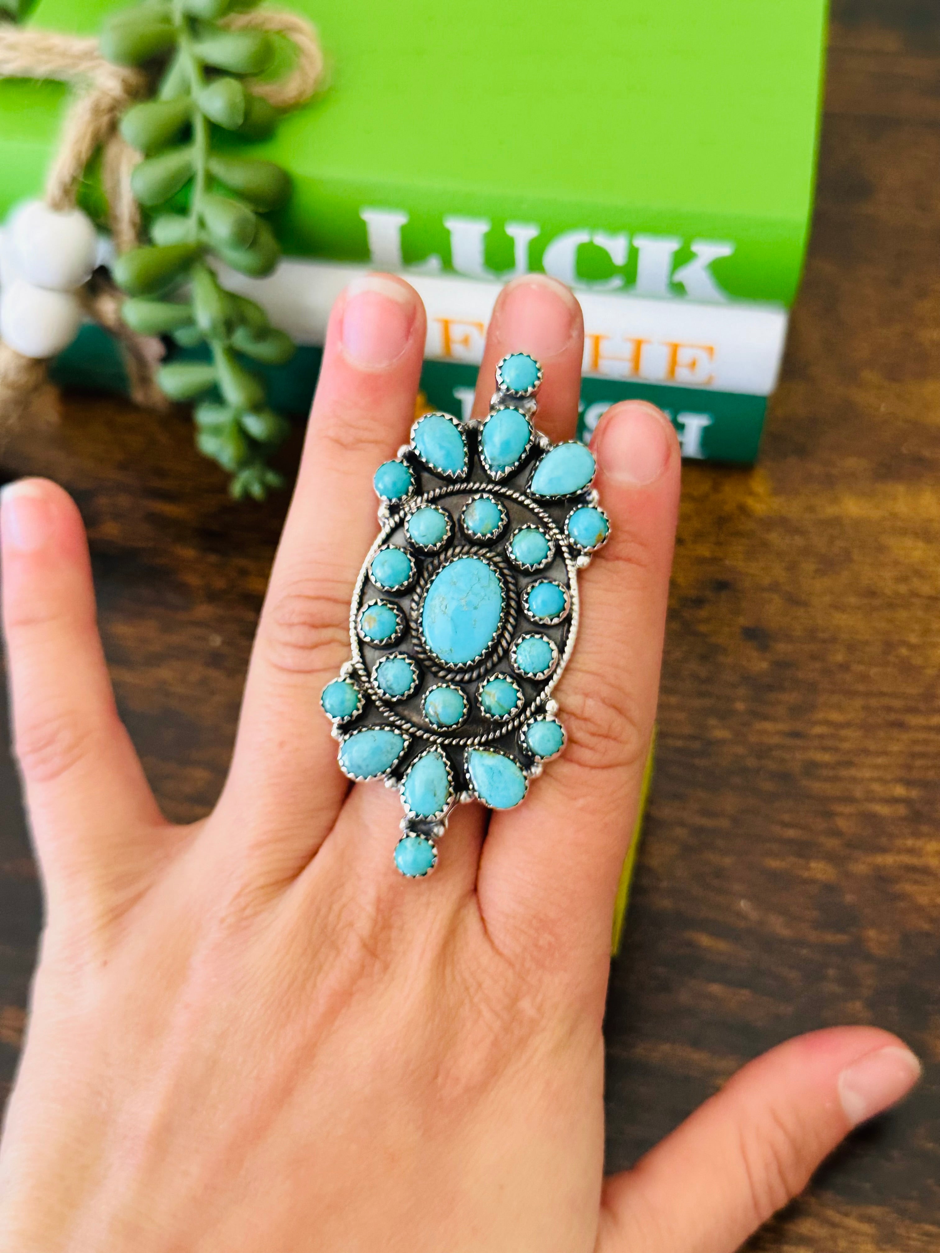 Southwest Handmade Kingman Turquoise & Sterling Silver Adjustable Cluster Ring