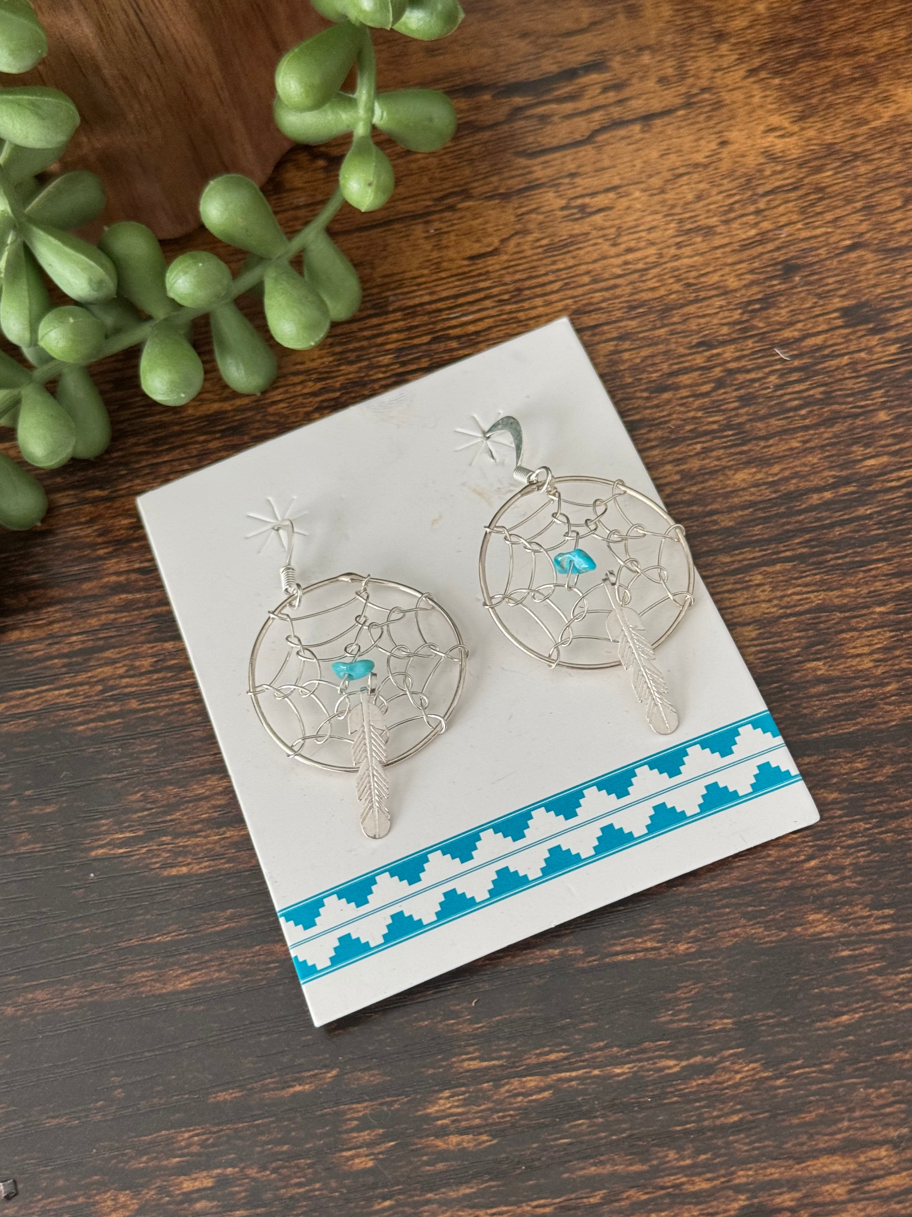 Navajo Made Turquoise & Sterling Silver Dream Catcher Dangle Earrings