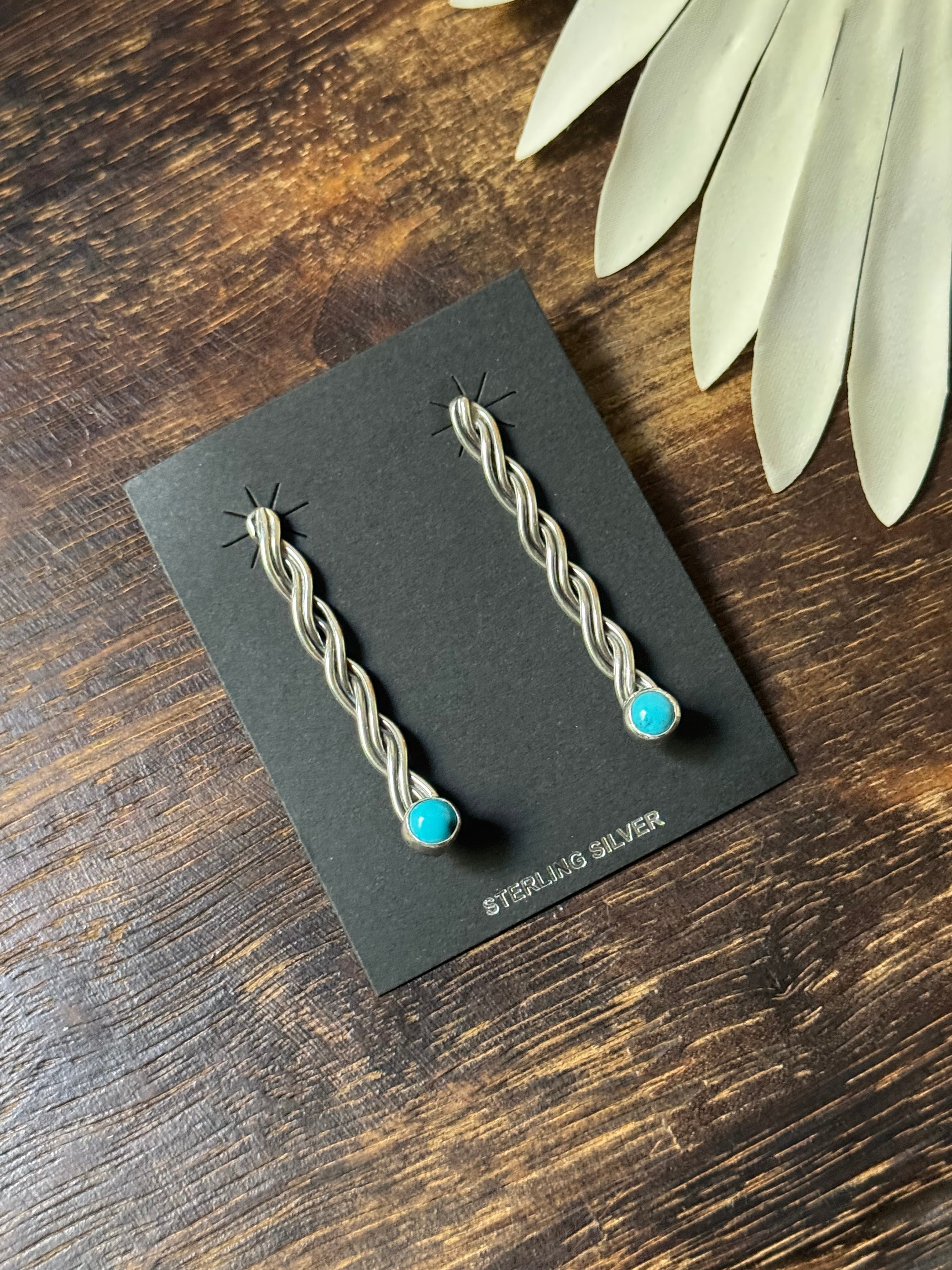 Navajo Made Kingman Turquoise & Sterling Silver Post Dangle Earrings