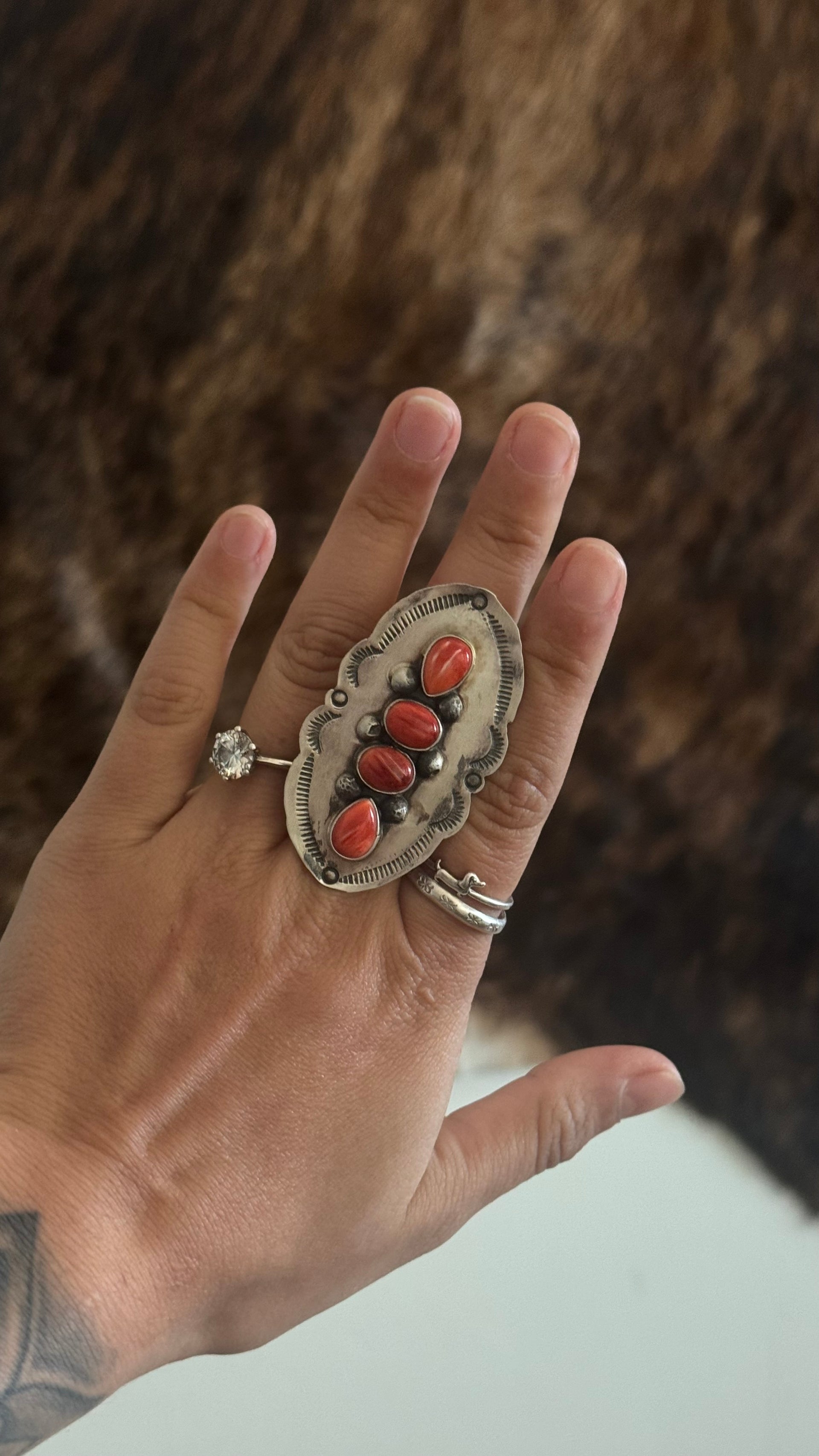 Navajo Made Red Spiny Oyster & Sterling Silver Adjustable Ring