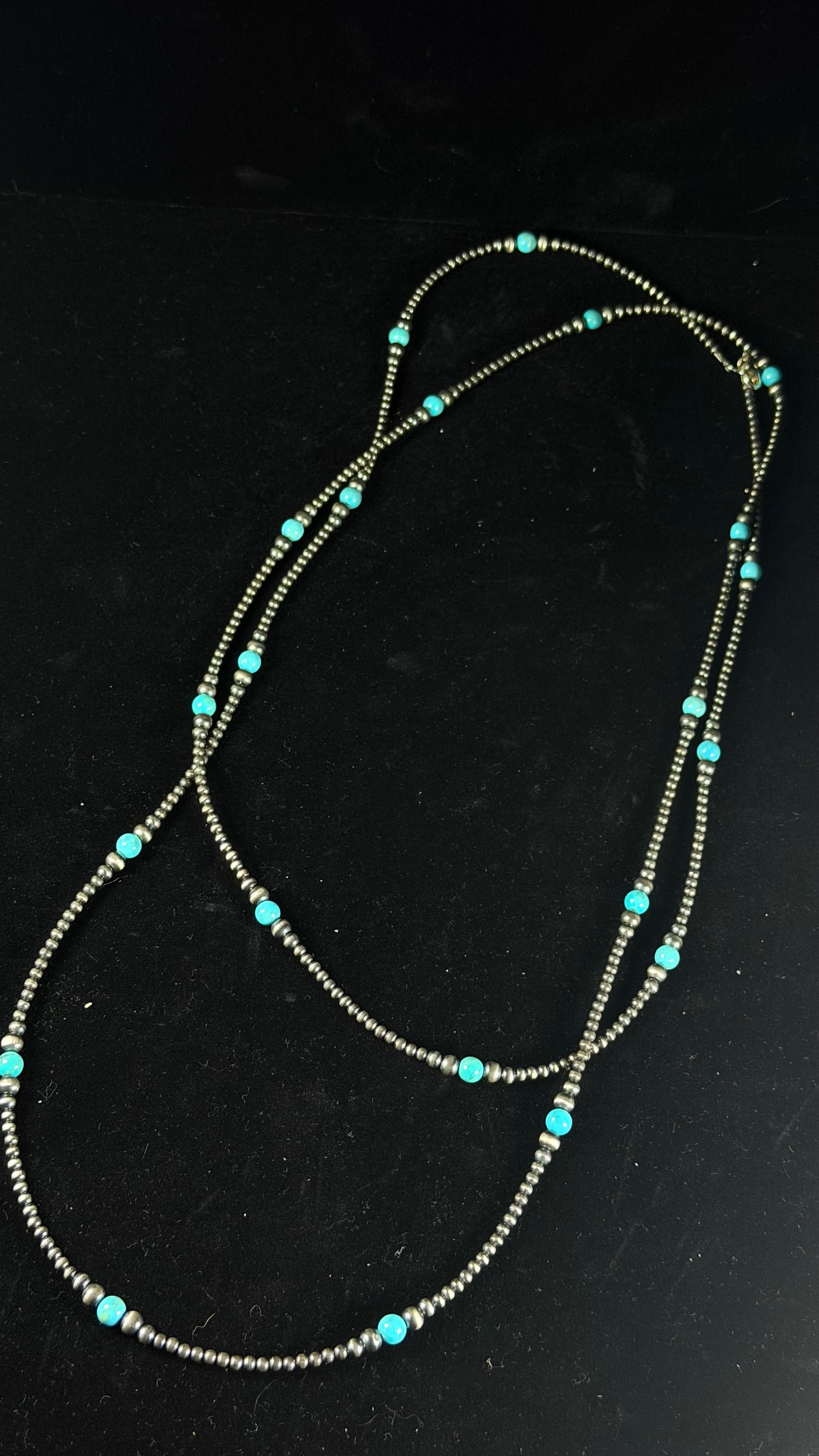Navajo Strung Kingman Turquoise & Sterling Silver Machine Made Beaded Pearl 60” Necklace
