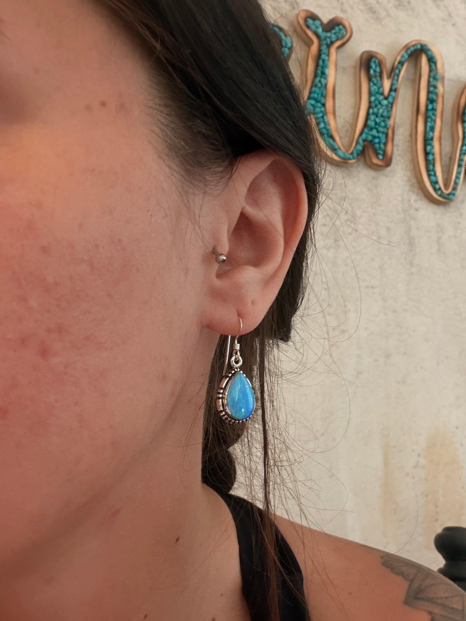 Navajo Made Opal (Man Made) & Sterling Silver Dangle Earrings