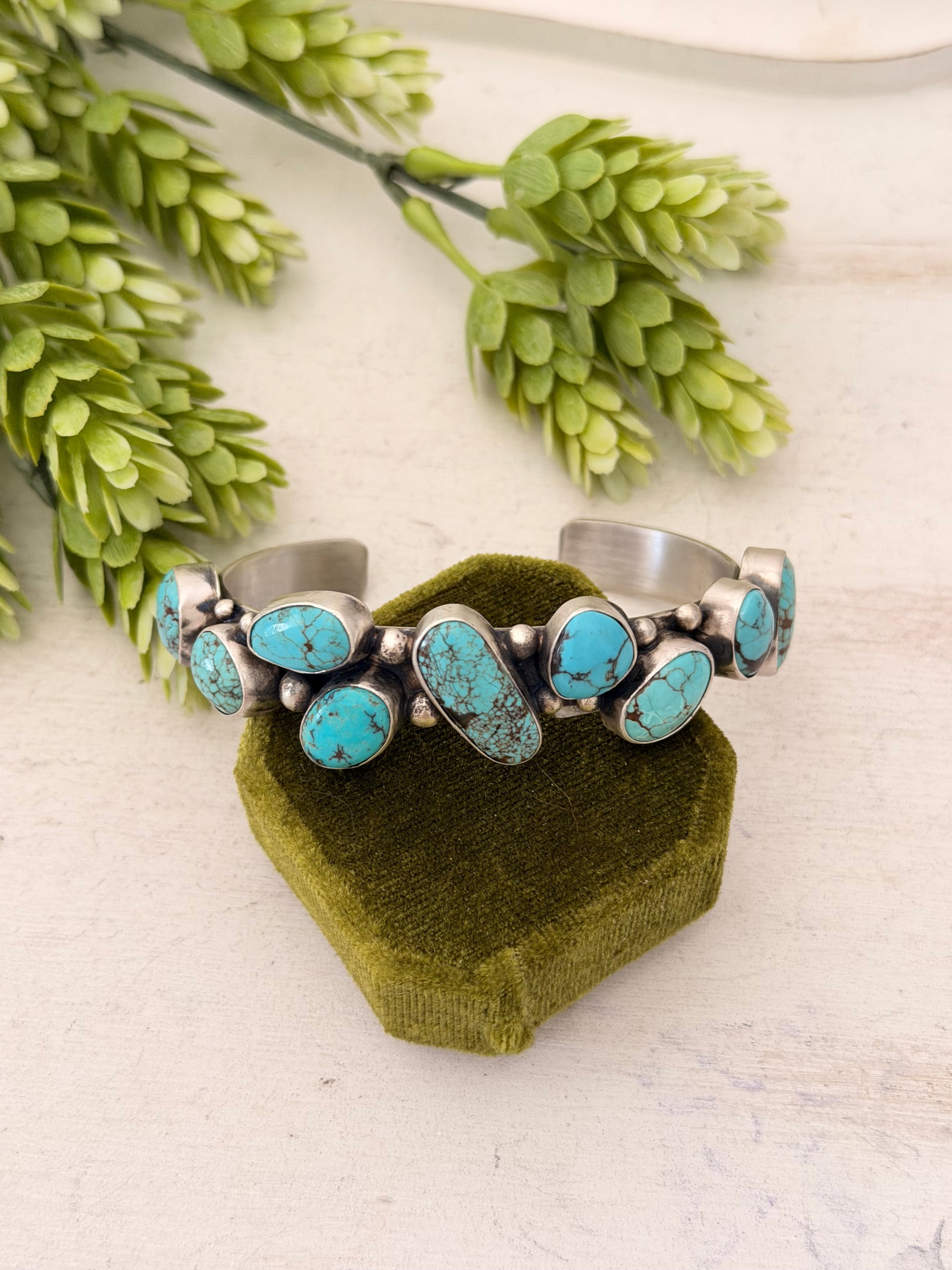 Bobby Johnson Mine 8 Turquoise & Sterling Silver Cluster Cuff Bracelet