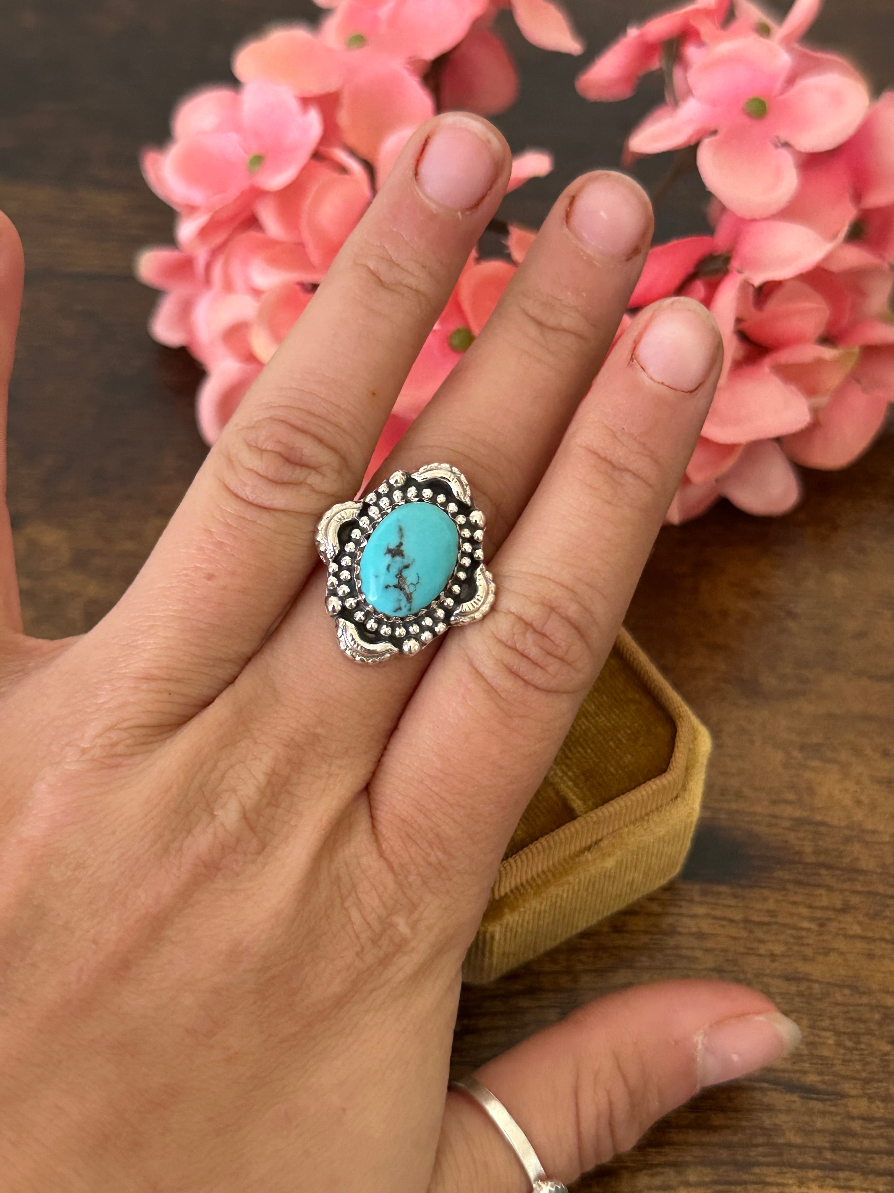 Southwest Handmade Kingman Turquoise & Sterling Silver Ring Size 7.75