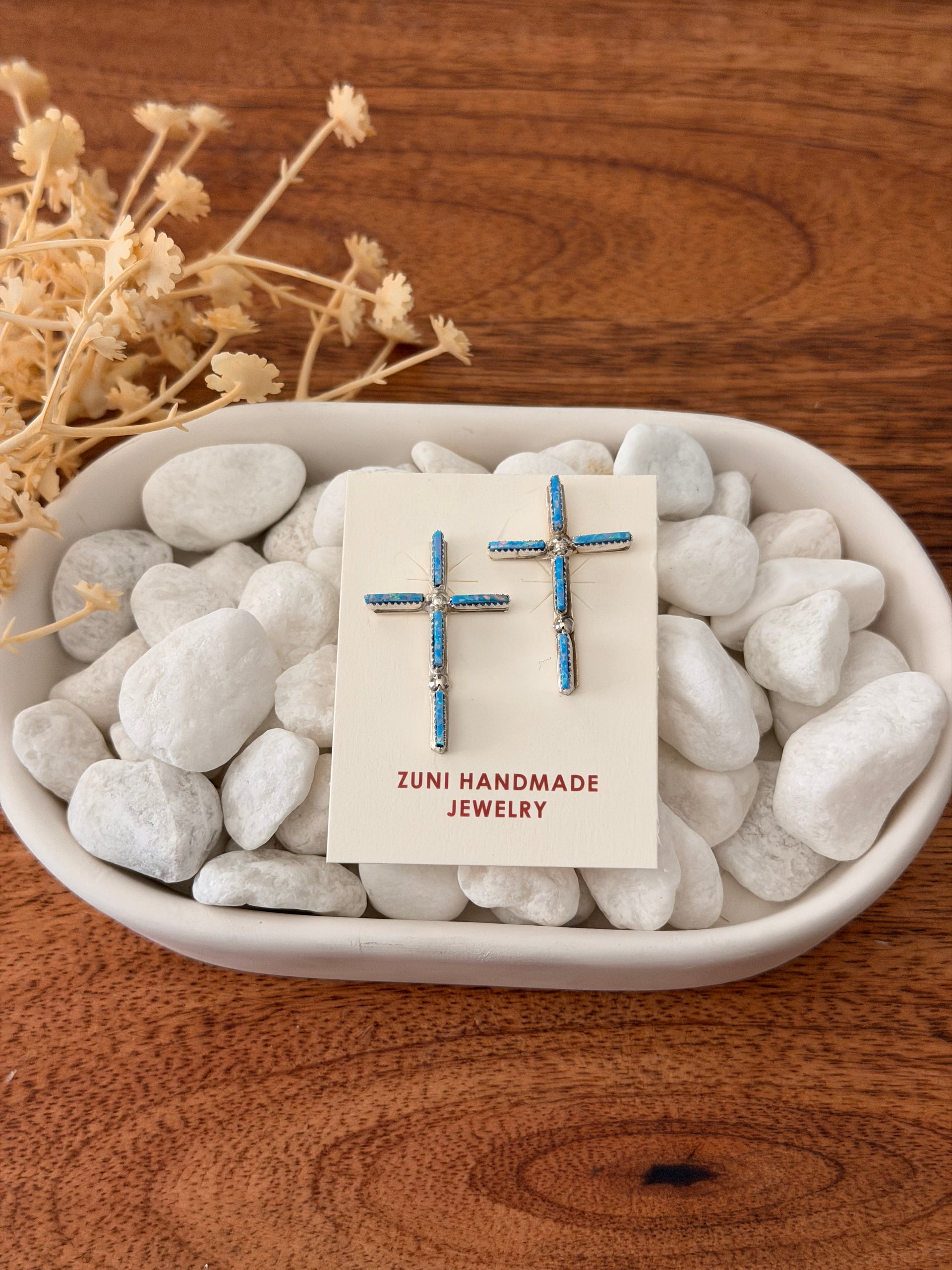 Zuni Made Opal (Man Made) & Sterling Silver Post Cross Earrings
