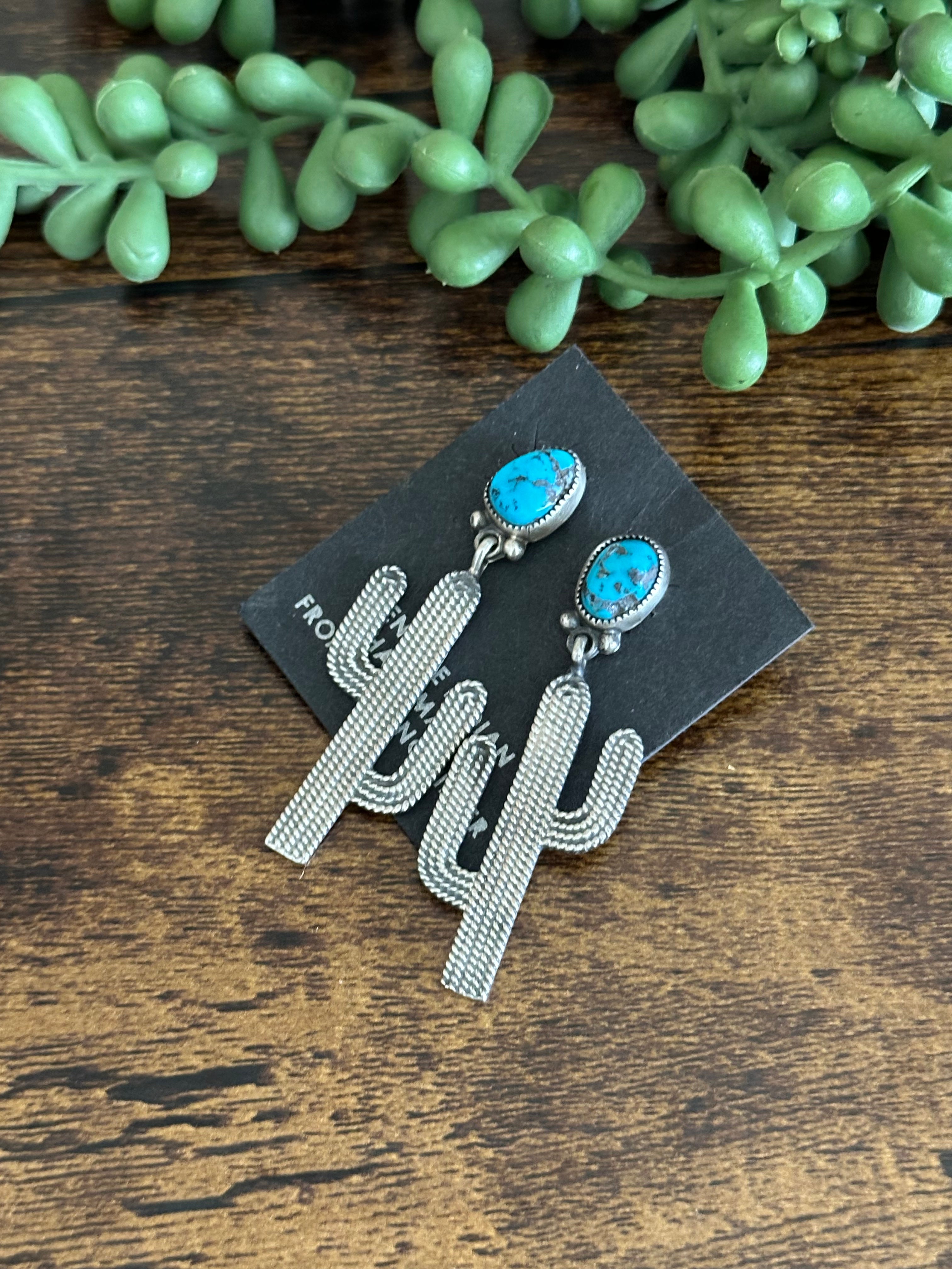 Navajo Made Kingman Turquoise & Sterling Silver Post Dangle Cactus Earrings