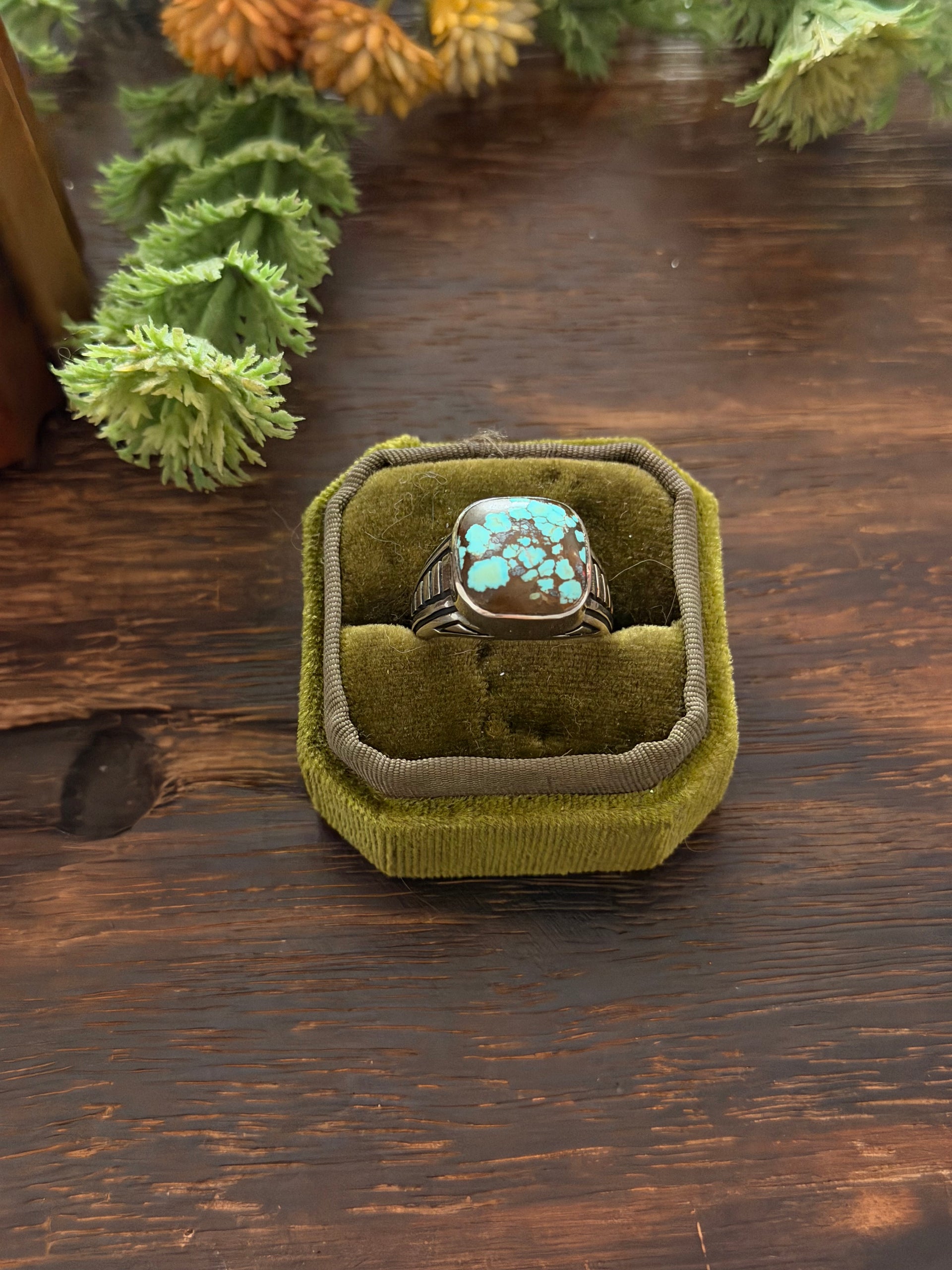 Navajo Made Mine 8 Turquoise & Sterling Silver Cast Ring Size 9