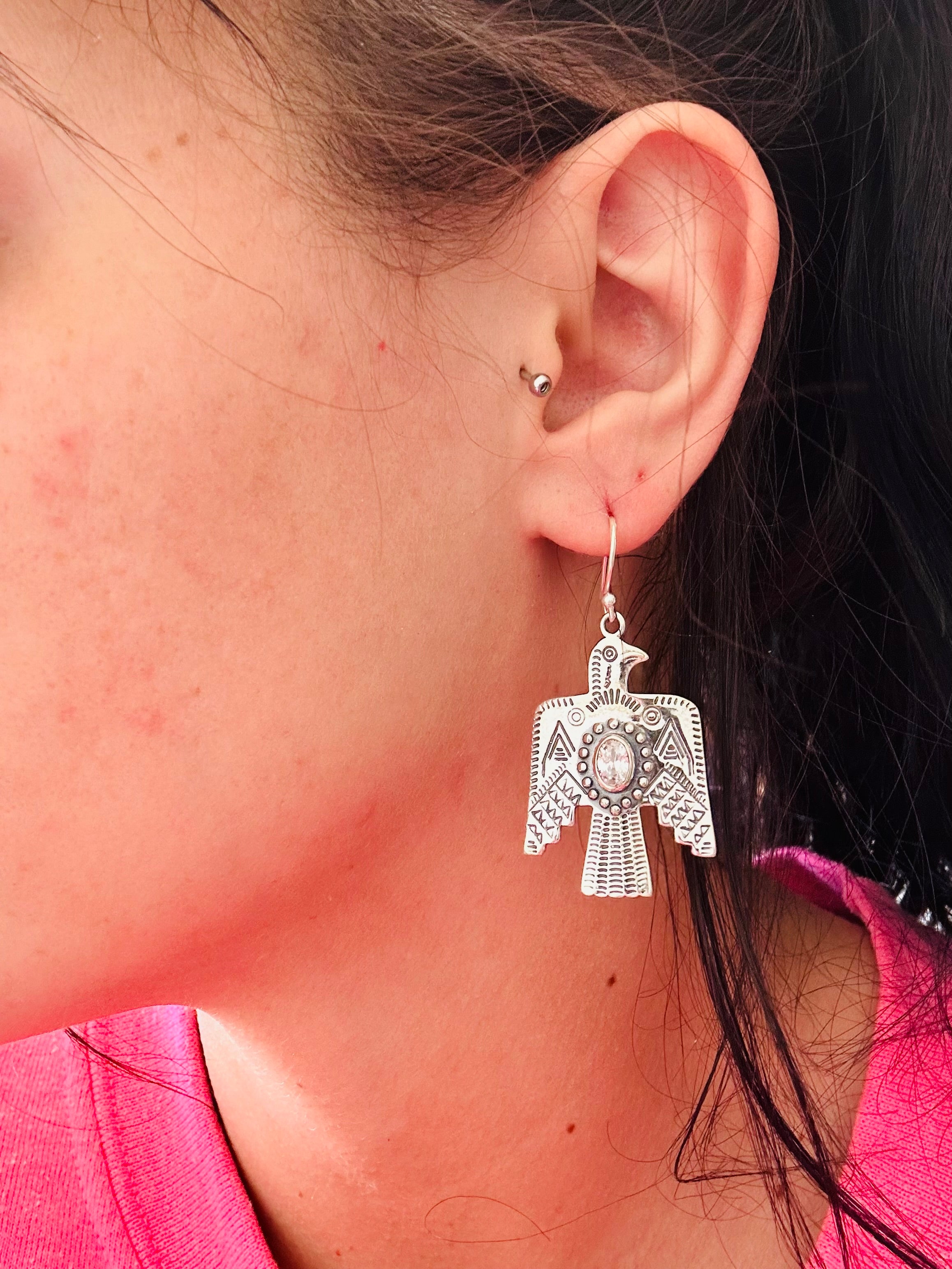 Southwest Handmade Cubic Zirconia & Sterling Silver Dangle Thunderbird Earrings