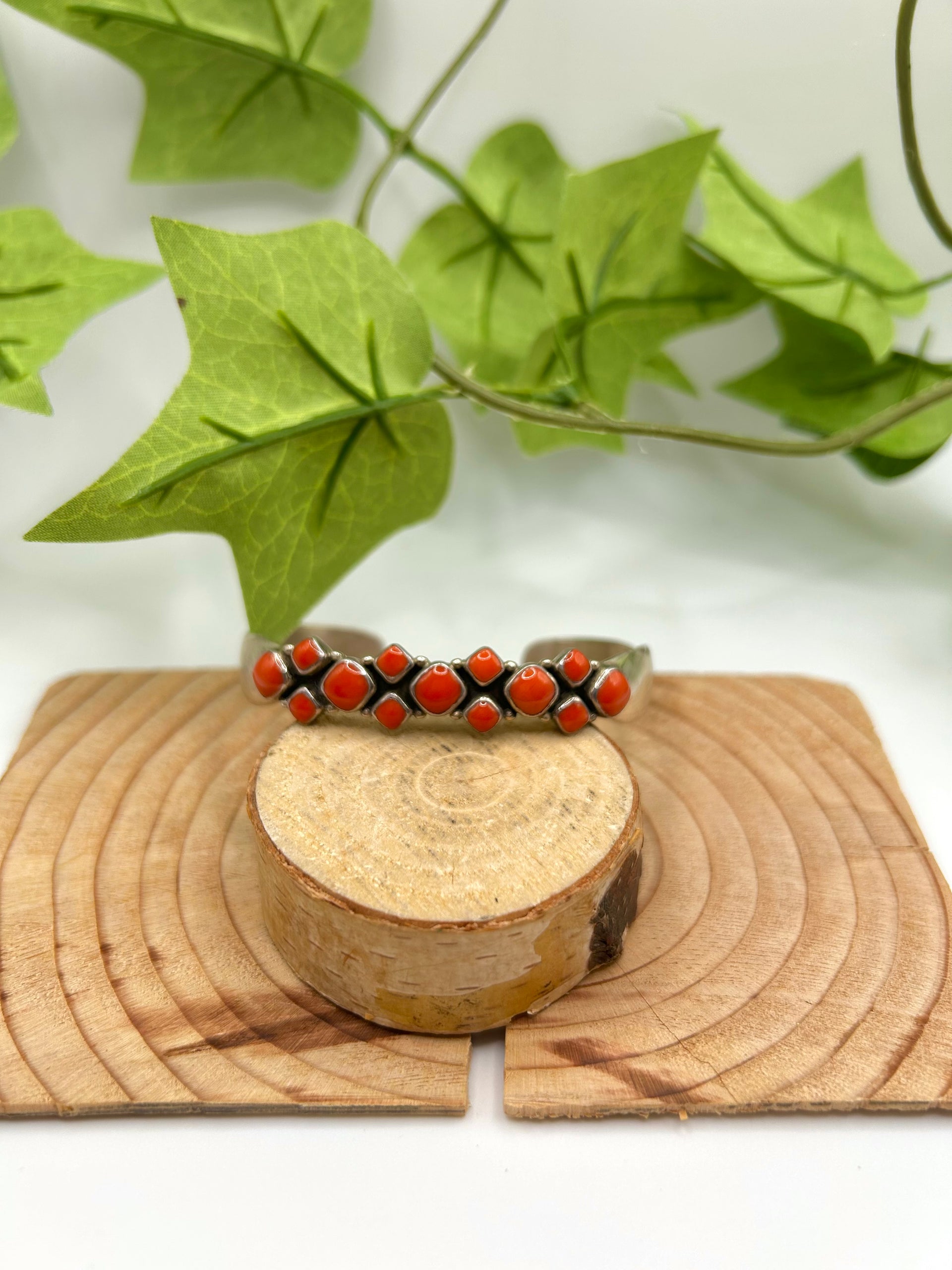 Navajo Made Natural Coral & Sterling Silver Cuff Bracelet