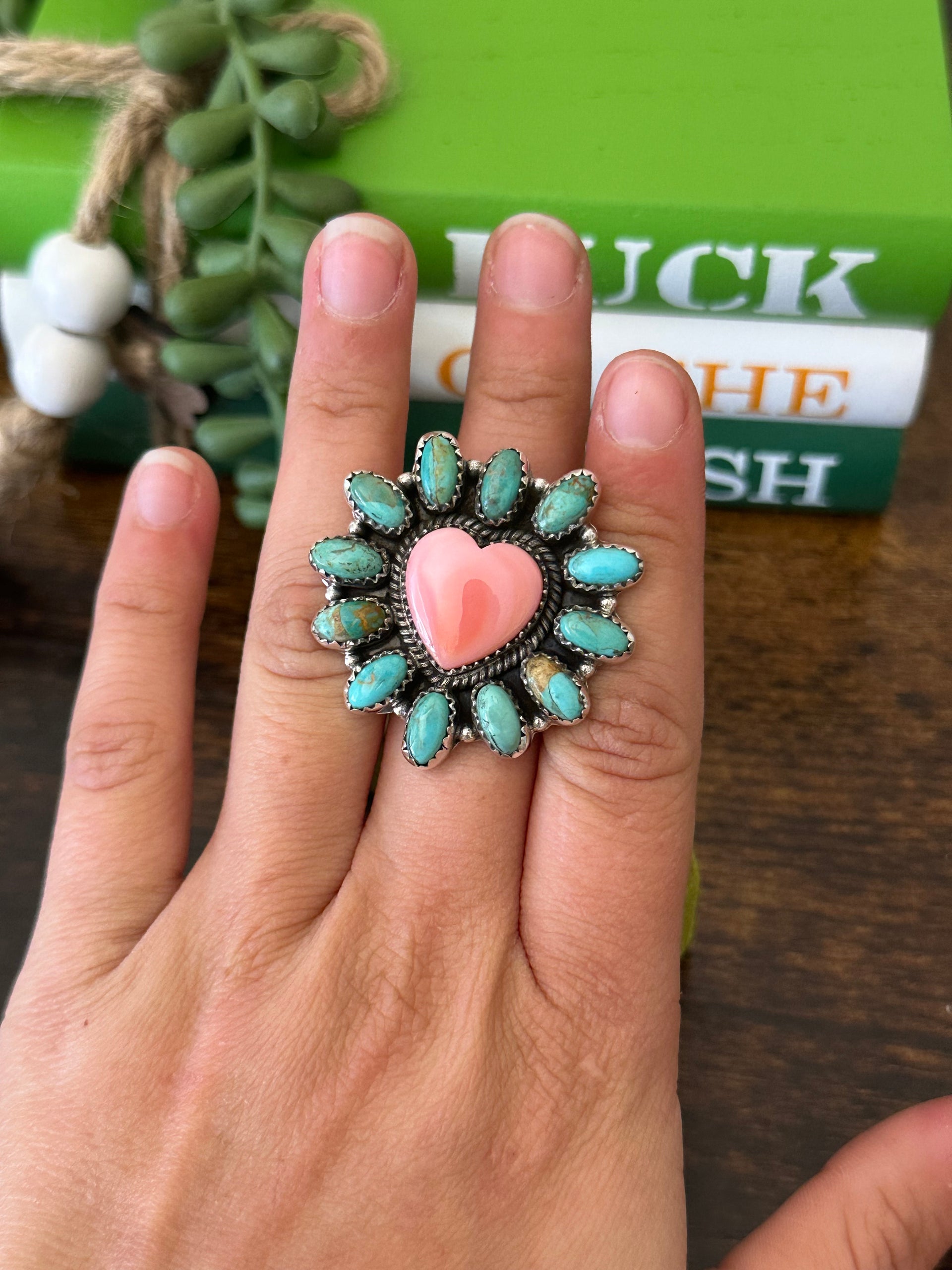 Southwest Handmade Multi Stone & Sterling Silver Adjustable Cluster Heart Ring