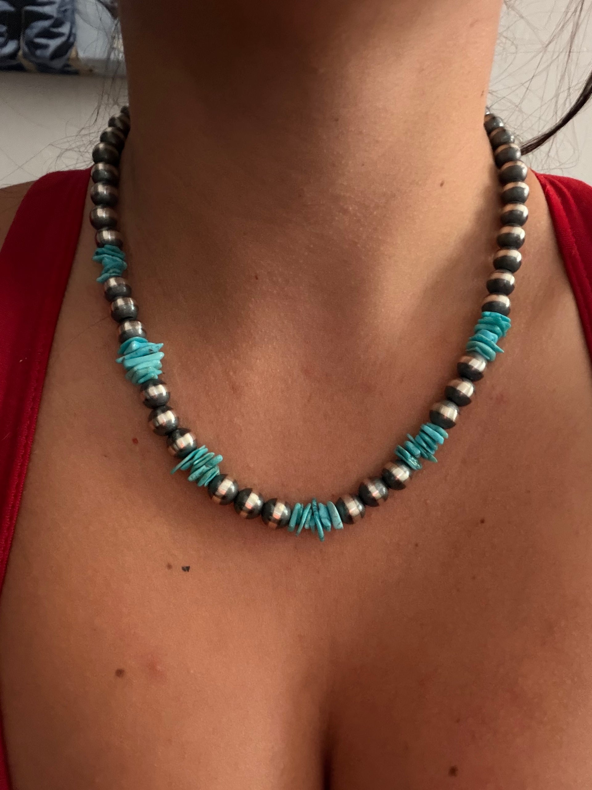 Navajo Strung Campitos Turquoise & Sterling Silver Pearl Necklace