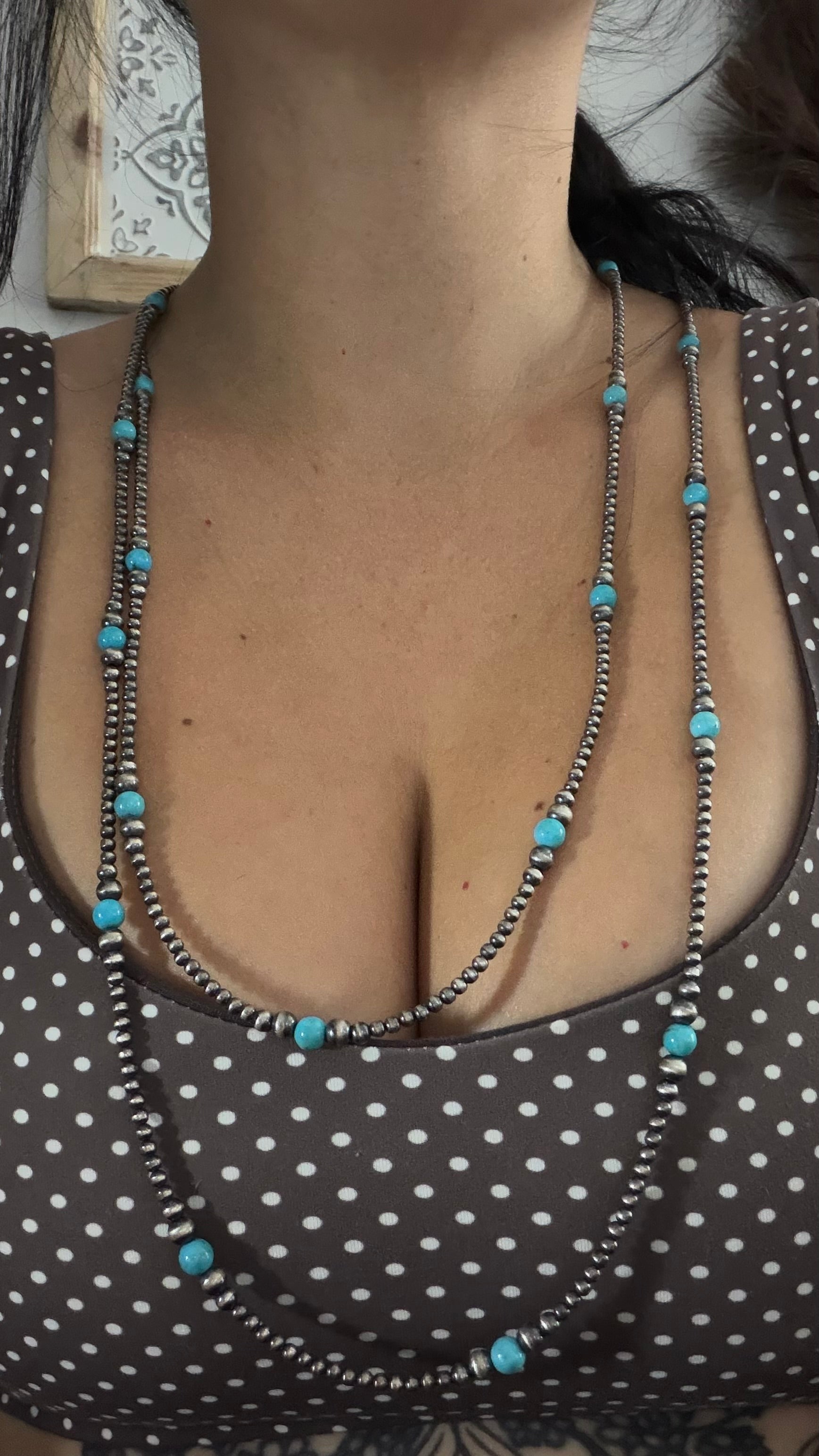 Navajo Strung Kingman Turquoise & Sterling Silver Machine Made Beaded Pearl 60” Necklace