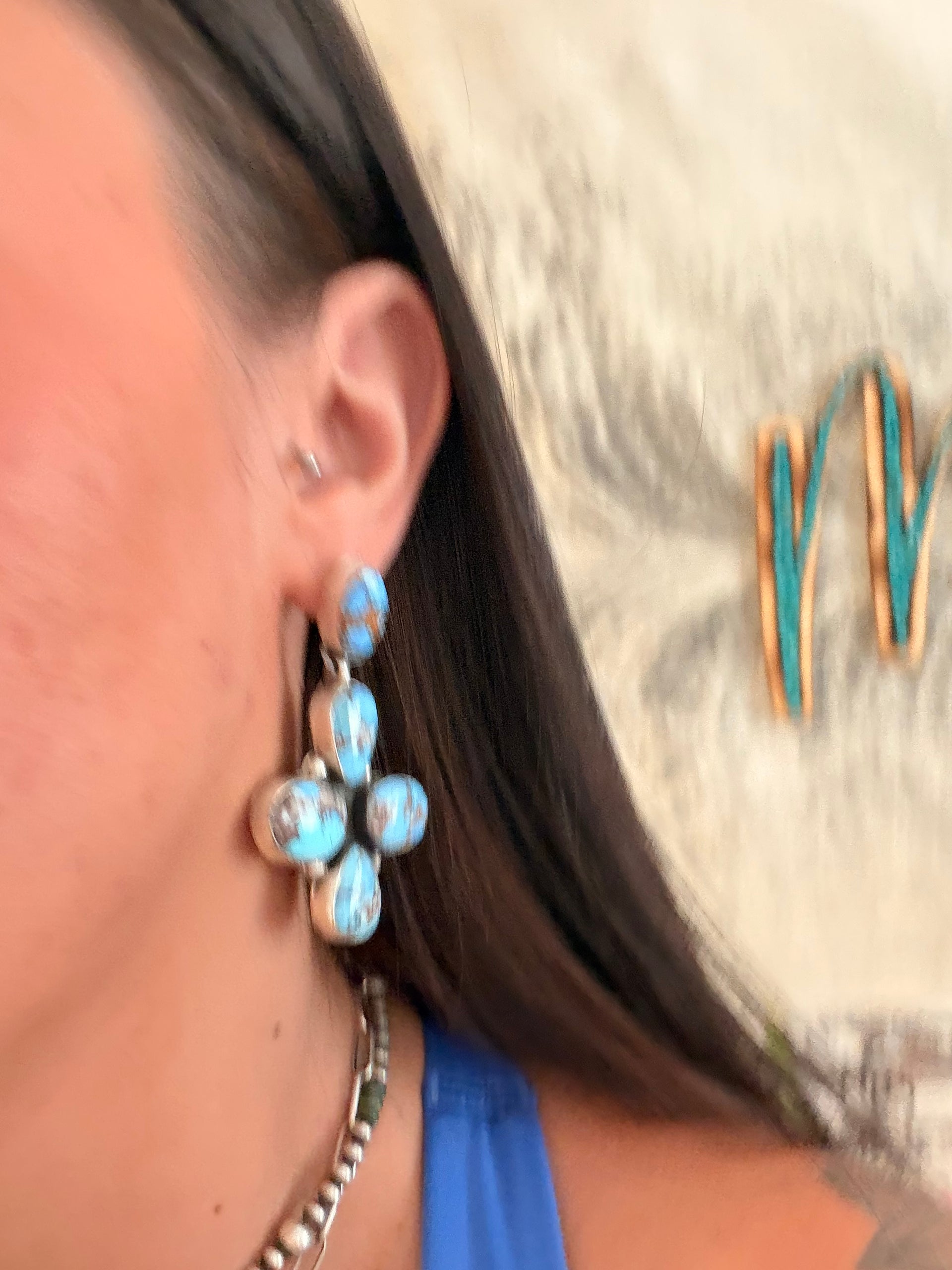 Bonnie Benally Golden Hills Turquoise & Sterling Silver Post Dangle Cluster Earrings