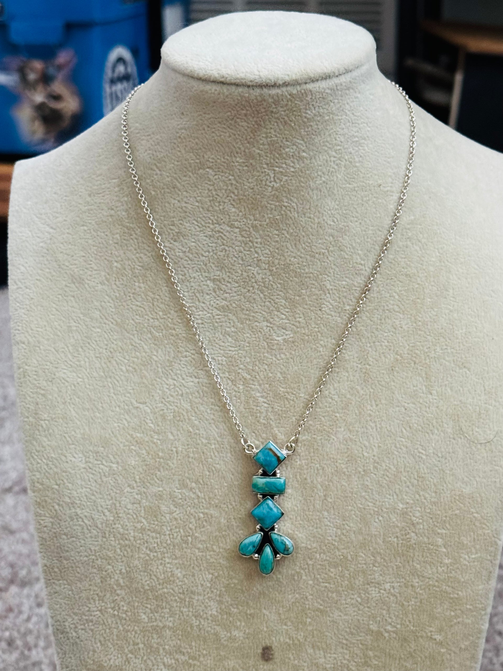 Southwest Handmade Kingman Turquoise & Sterling Silver Cluster Necklace