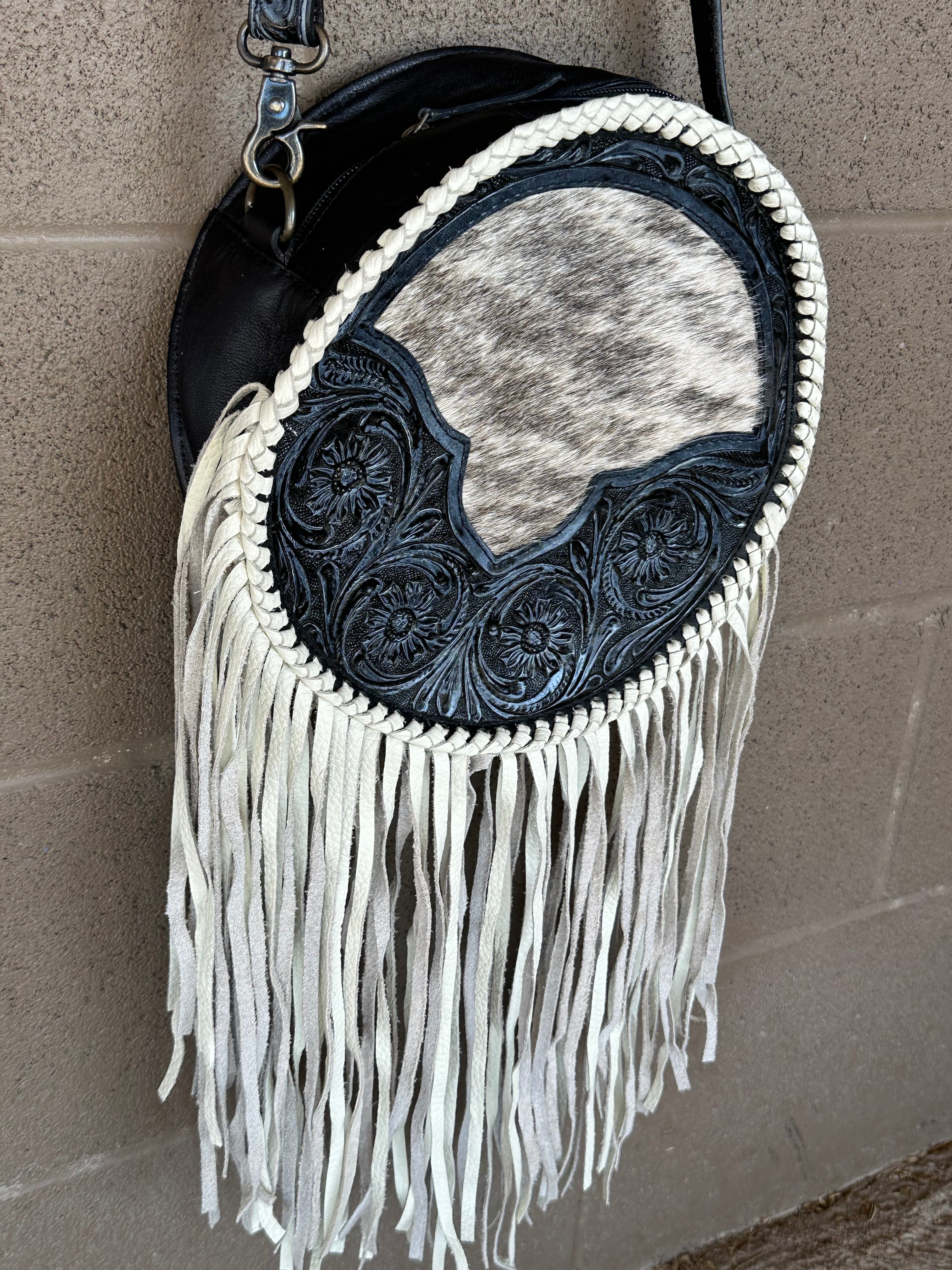 Genuine Tooled Leather & Cowhide Fringe Purse